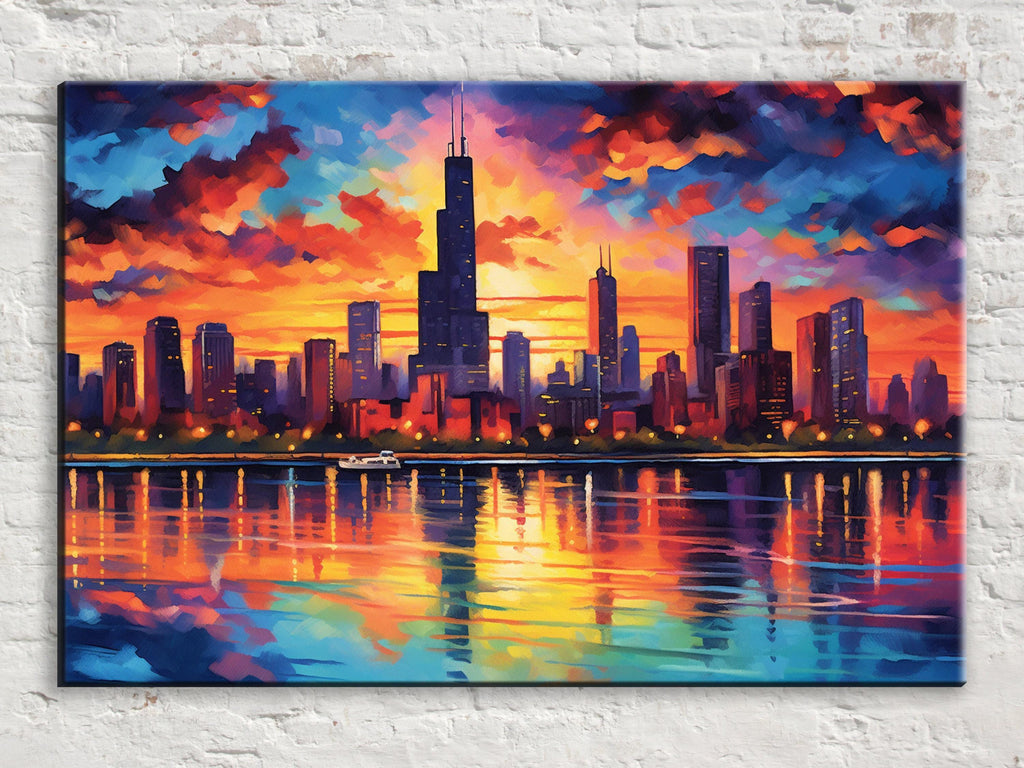 Chicago Skyline Canvas – Vibrant Cityscape Wall Art with Large Night Skyline Art