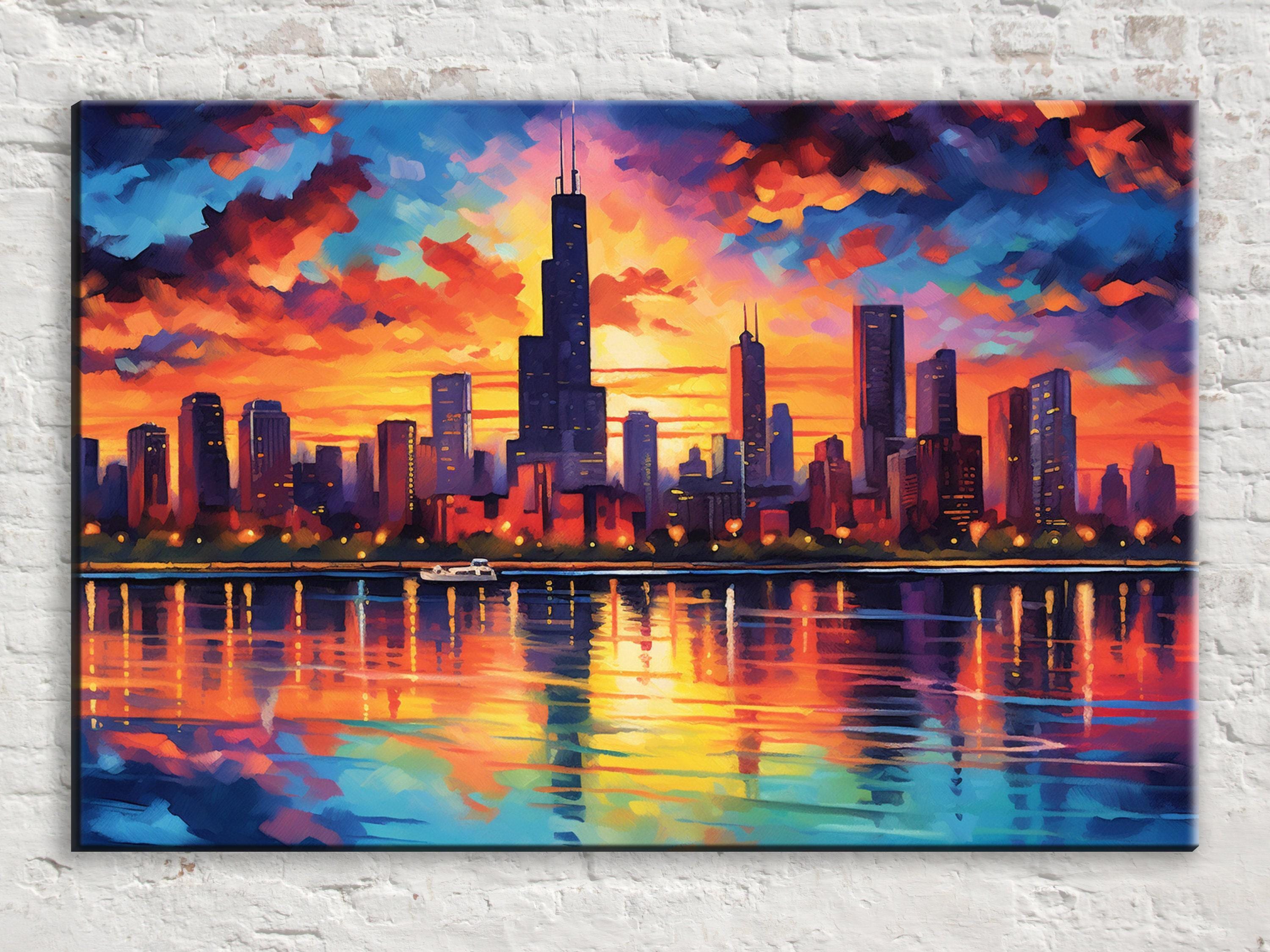 Chicago Skyline Canvas – Vibrant Cityscape Wall Art with Large Night Skyline Art