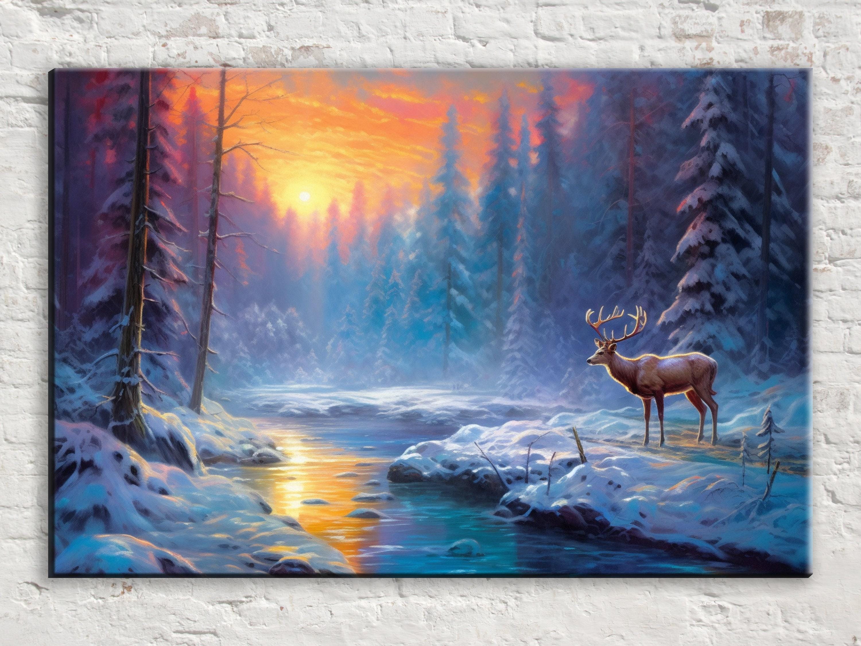 Winter Elk Canvas Art - Large Giclee Print | Rustic Winter Landscape Decor