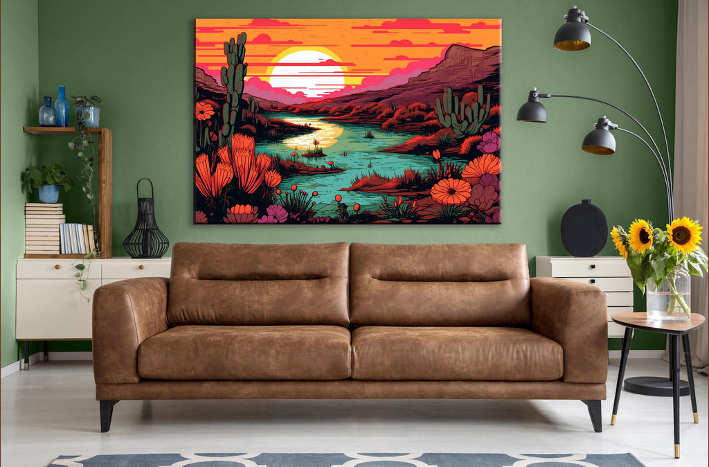Desert Landscape Art – Linocut Style Canvas | Gallery Wrapped Ready to Hang