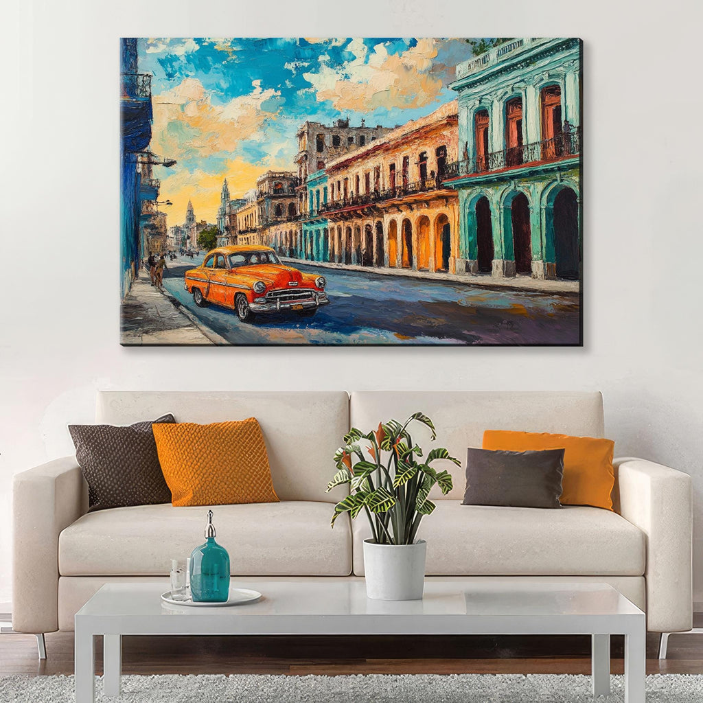 a living room with a couch and a painting on the wall