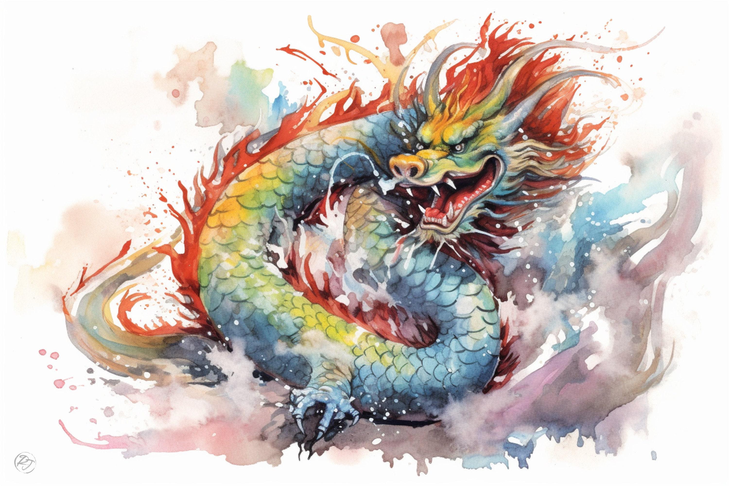 Dragon of Prosperity: Chinese Dragon Watercolor Art, Giclee Print on Canvas, Artist Paper, Watercolor Paper, Available in Extra Large Sizes