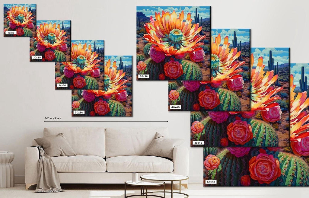 The image is a collage of multiple images featuring vibrant cactus flowers and roses, displayed on a wall in a living room setting.