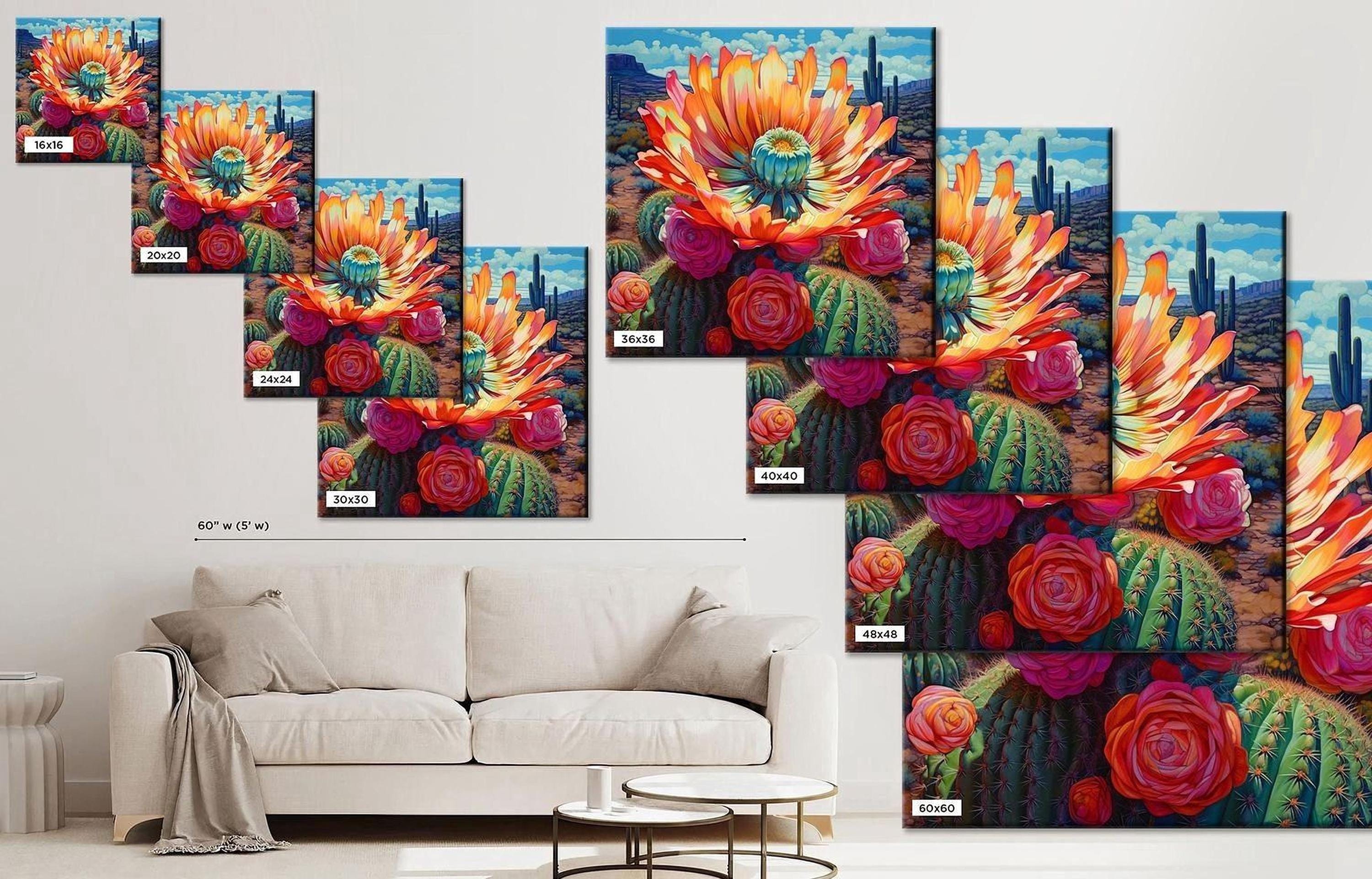 The image is a collage of multiple images featuring vibrant cactus flowers and roses, displayed on a wall in a living room setting.