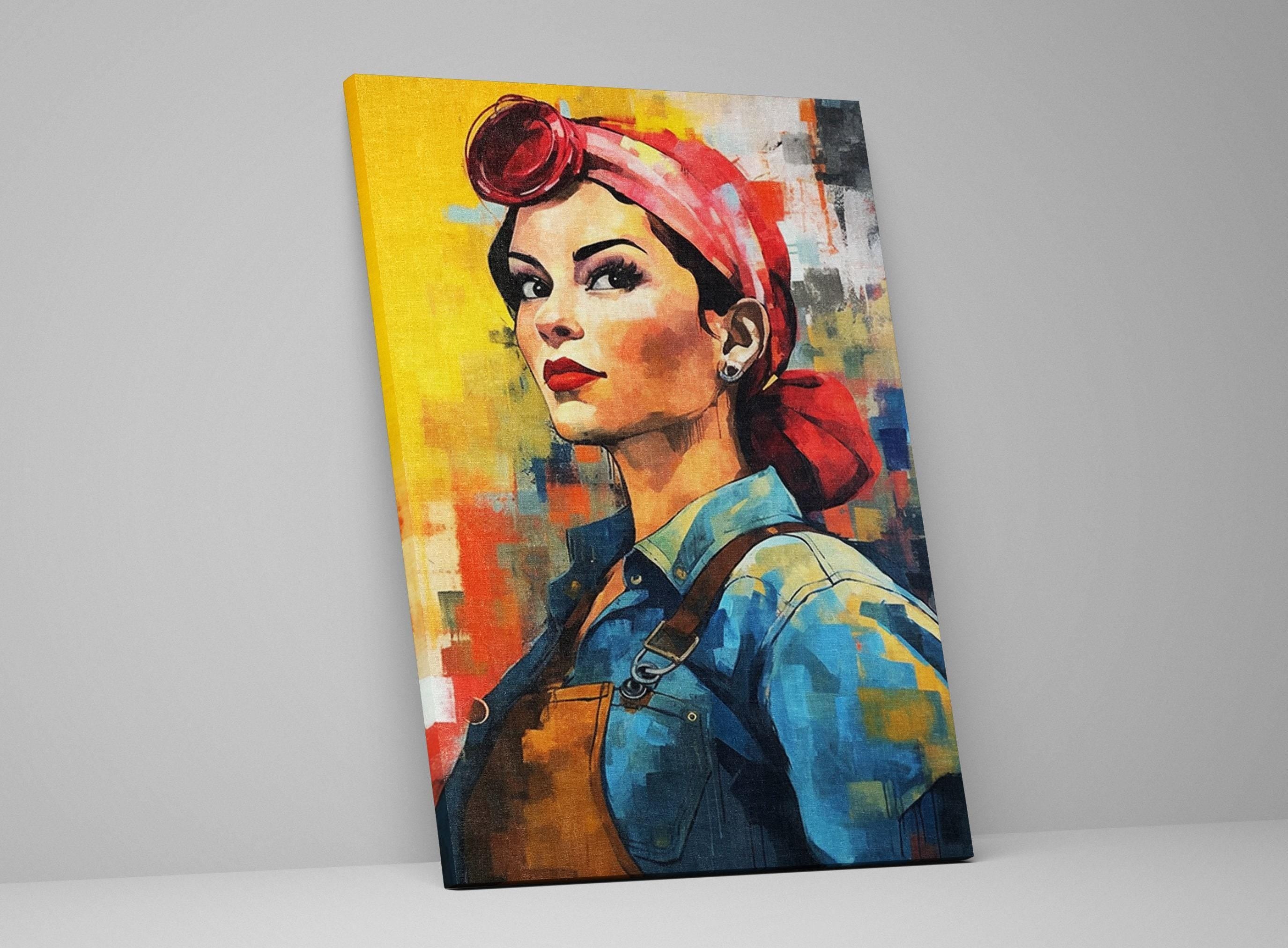 The image is a vibrant painting depicting a woman with a red headband, wearing overalls, and looking to the side with a serious expression.