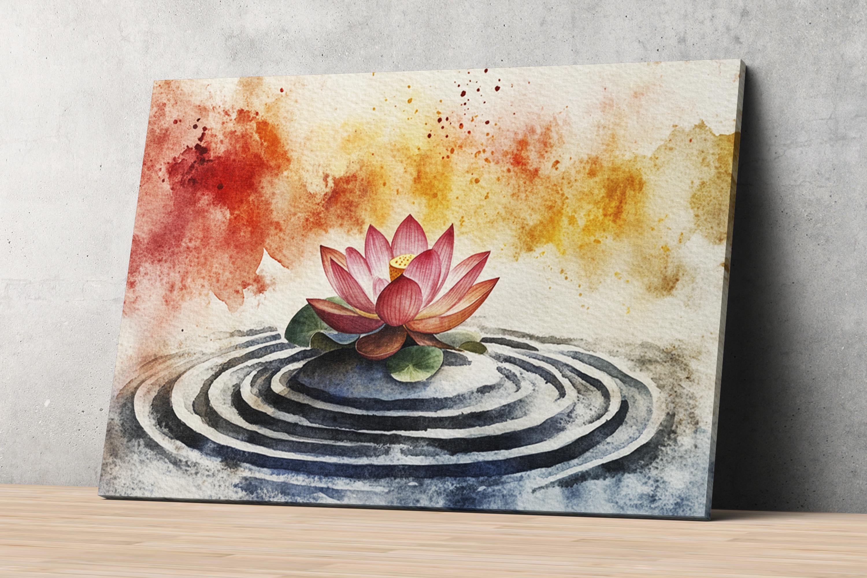 A watercolor painting depicting a pink lotus flower floating on a circular rock formation in a pond, with splashes of red and orange paint in the background.