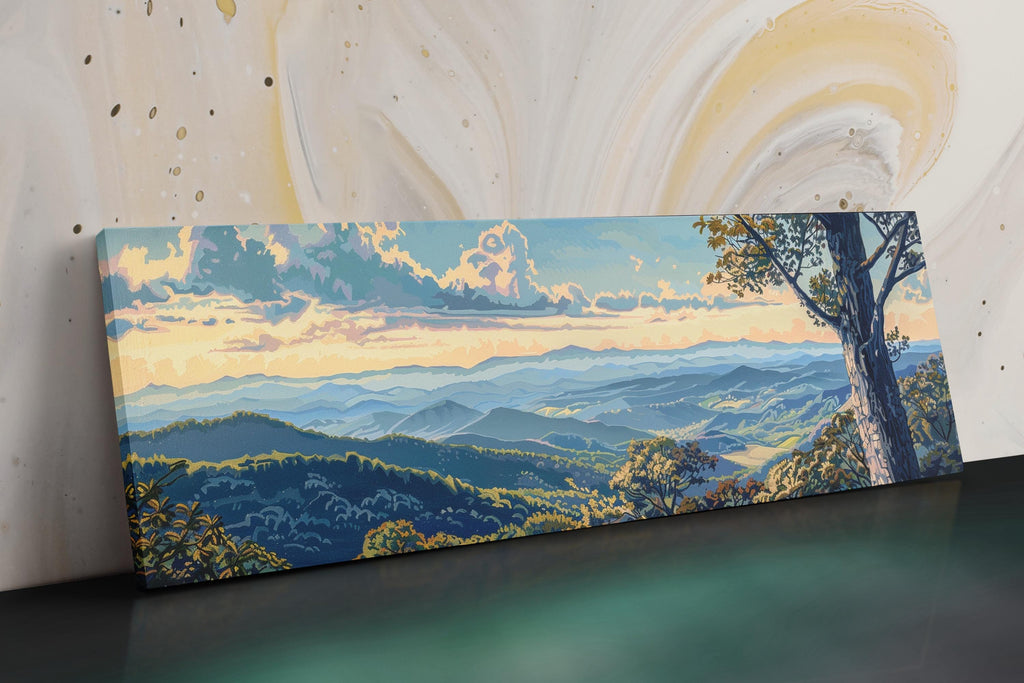 a painting of a view of a mountain range