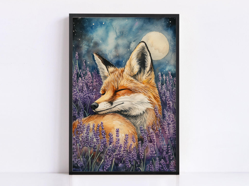 A framed painting depicting a sleeping fox in a field of purple flowers, with a full moon in the night sky.