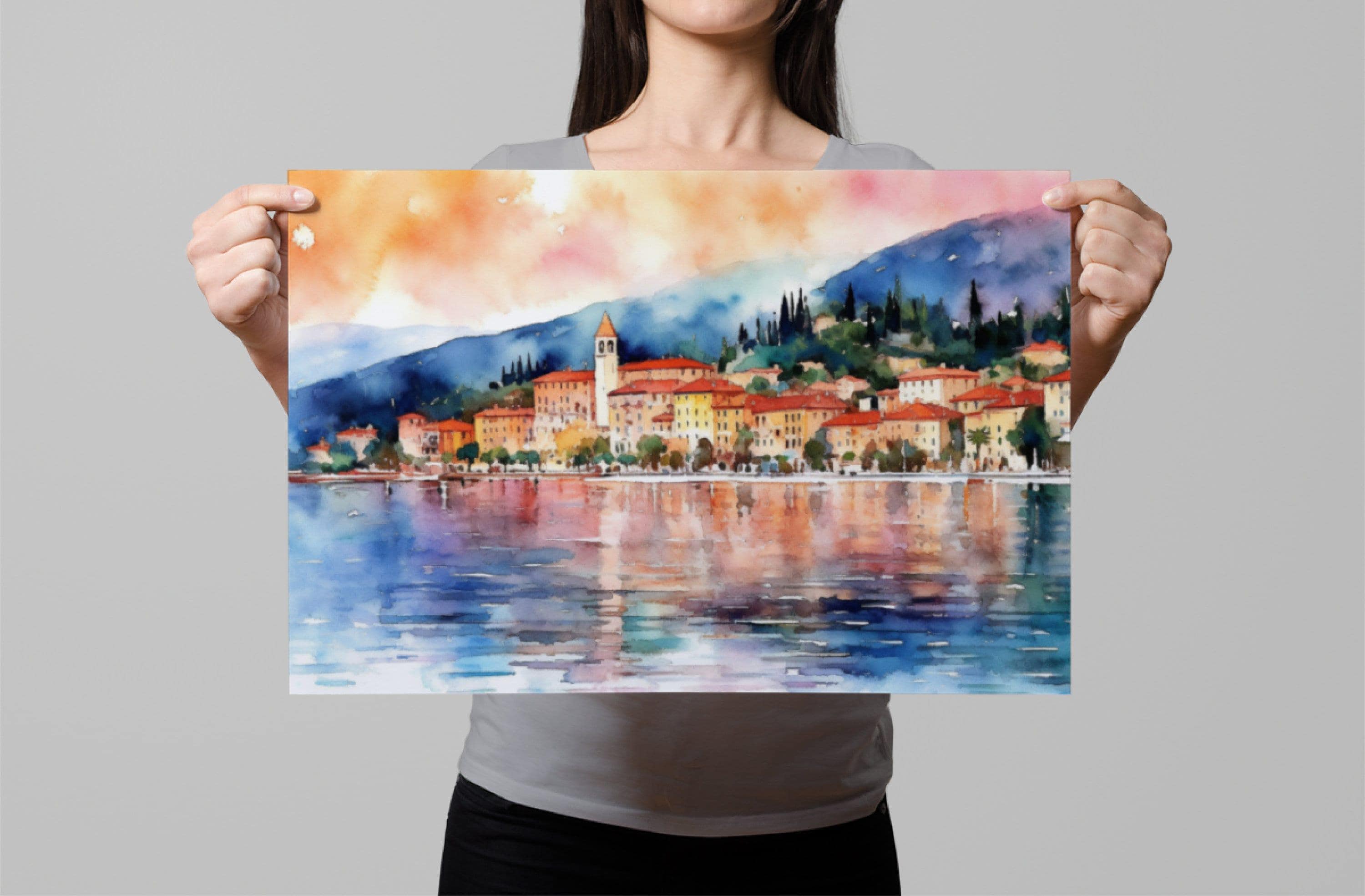Bellagio Bliss - Lake Como Views Watercolor Painting, Giclee Print on Canvas, Artist Paper, Watercolor Paper, Available in Extra Large Sizes