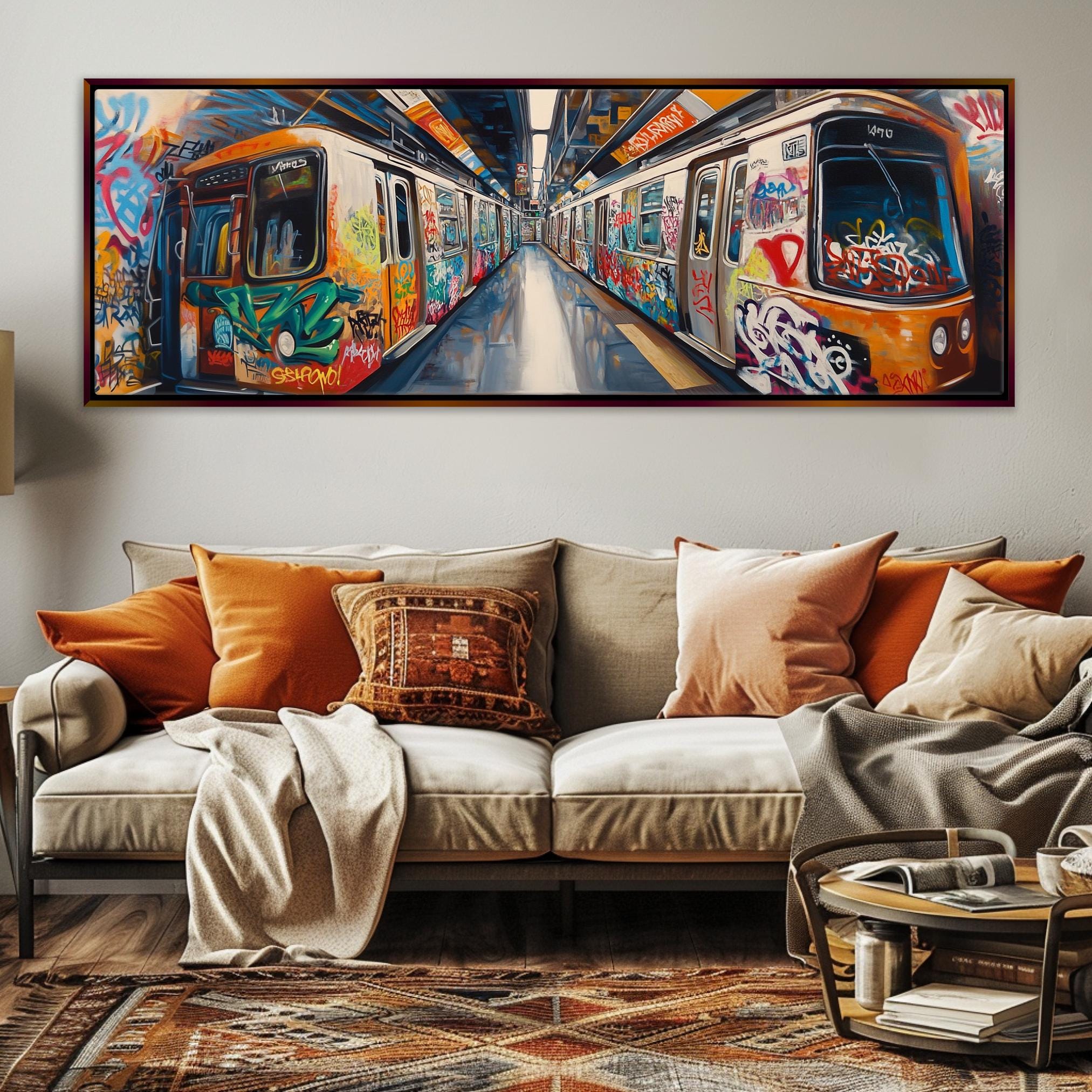 a living room with a couch and a painting on the wall
