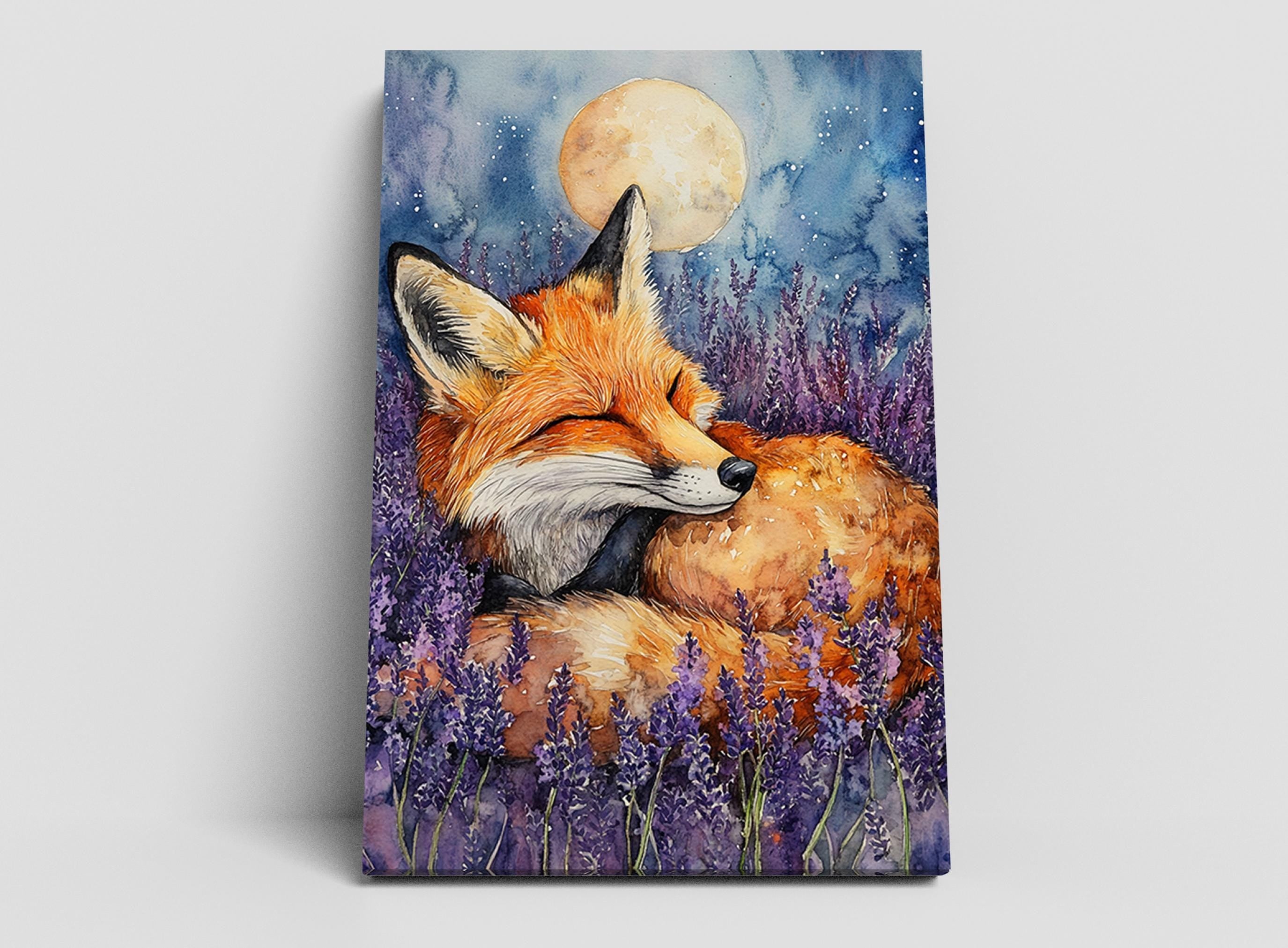 A painting of a sleeping fox in a field of purple flowers, with a full moon in the background.