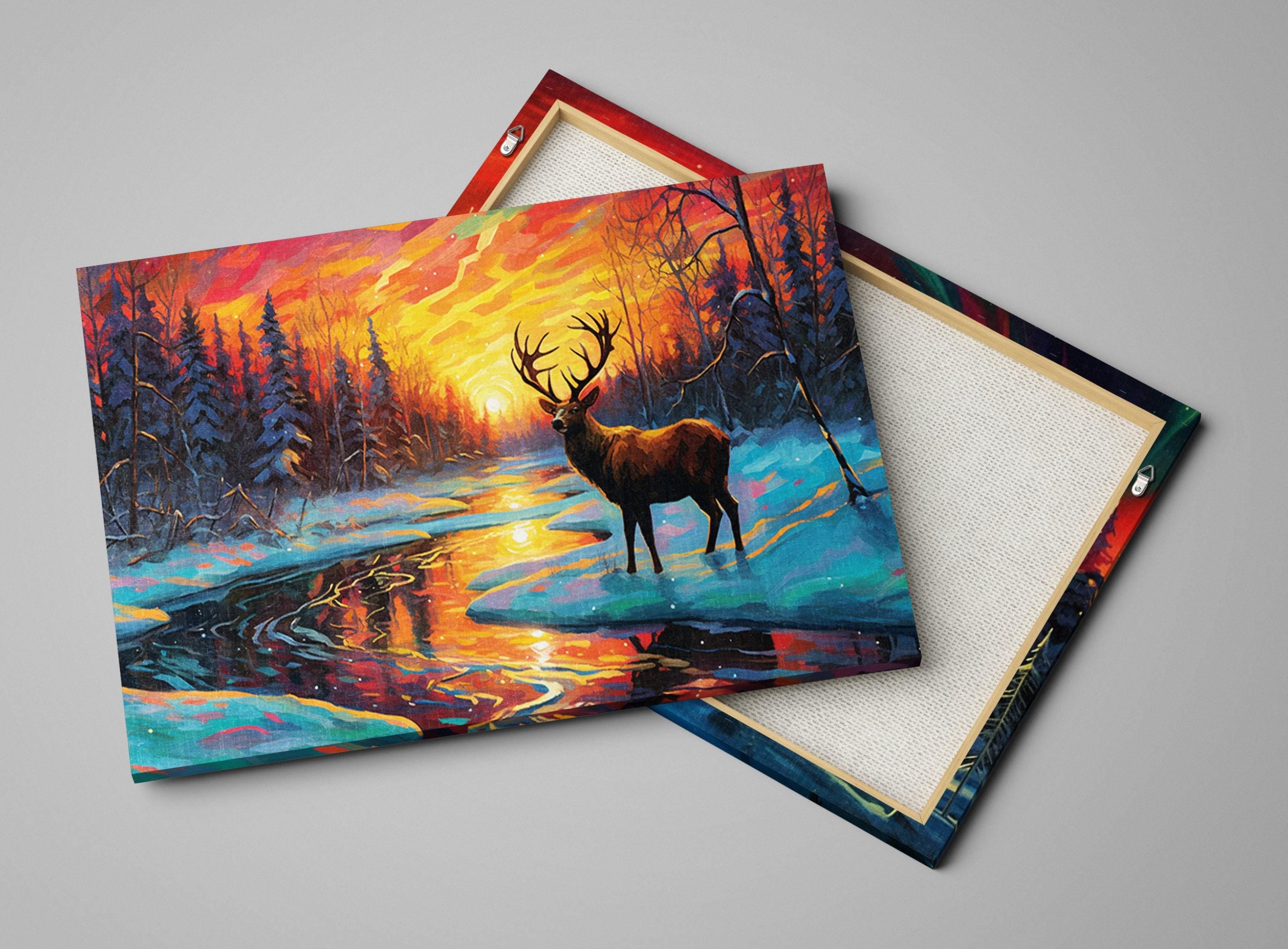 Winter Deer Sunset Art – Vibrant Snowy River Painting on Gallery Wrapped Canvas