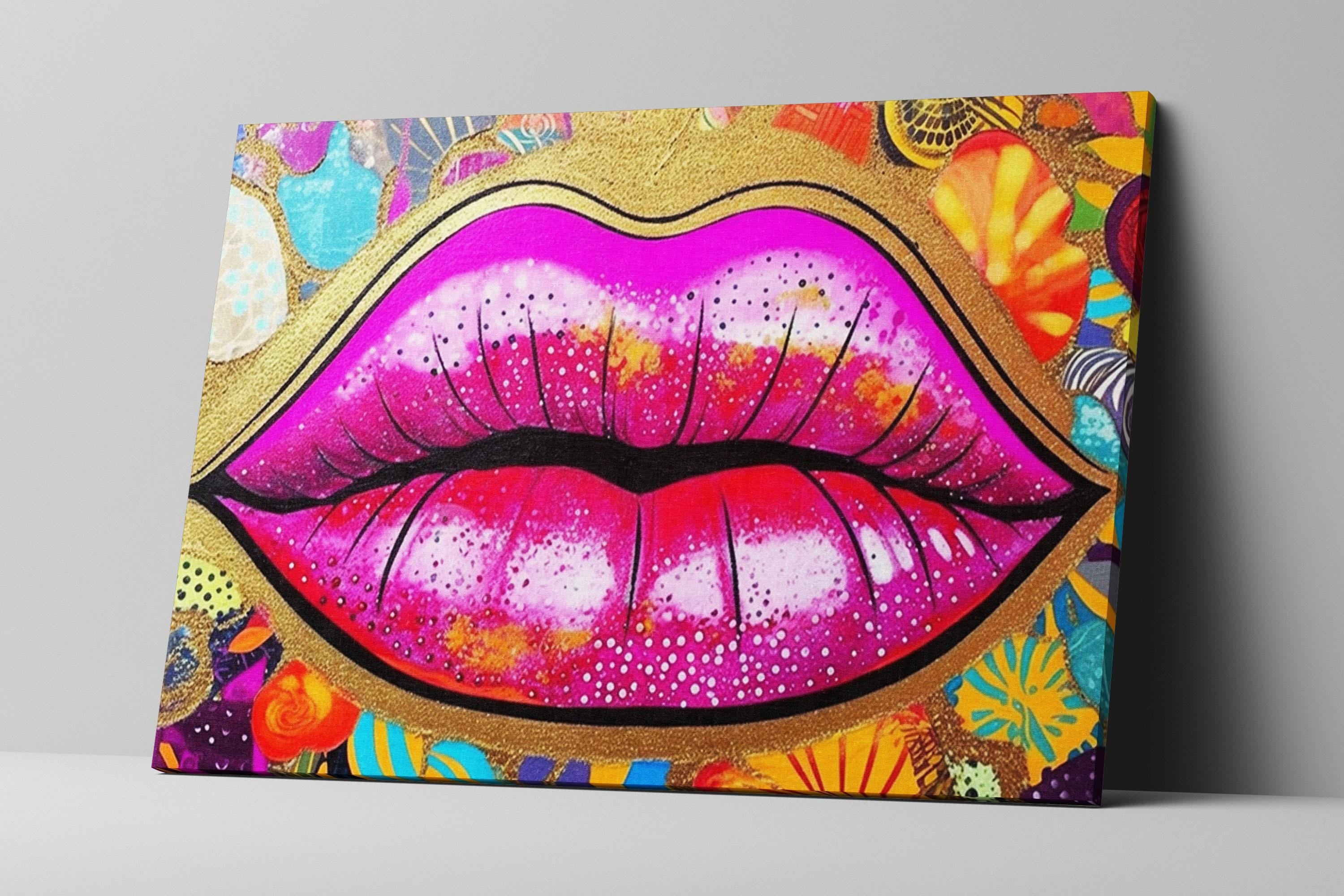 Gold Glitter Lips Canvas Wall Art – Large Feminine Pop Art Decor, Gallery Ready Print