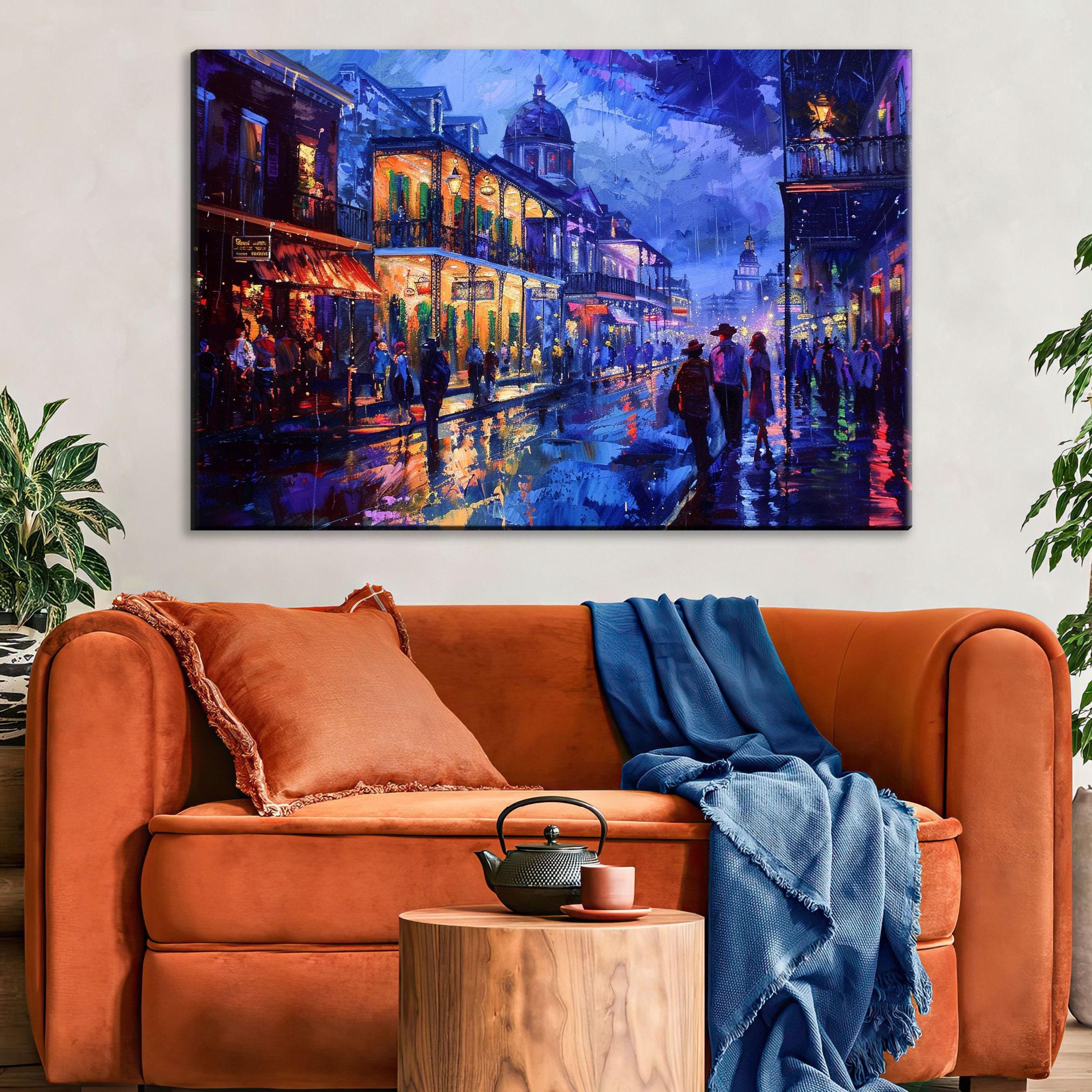 a vibrant city street scene at night, with colorful buildings, people walking, and a wet street reflecting the lights.