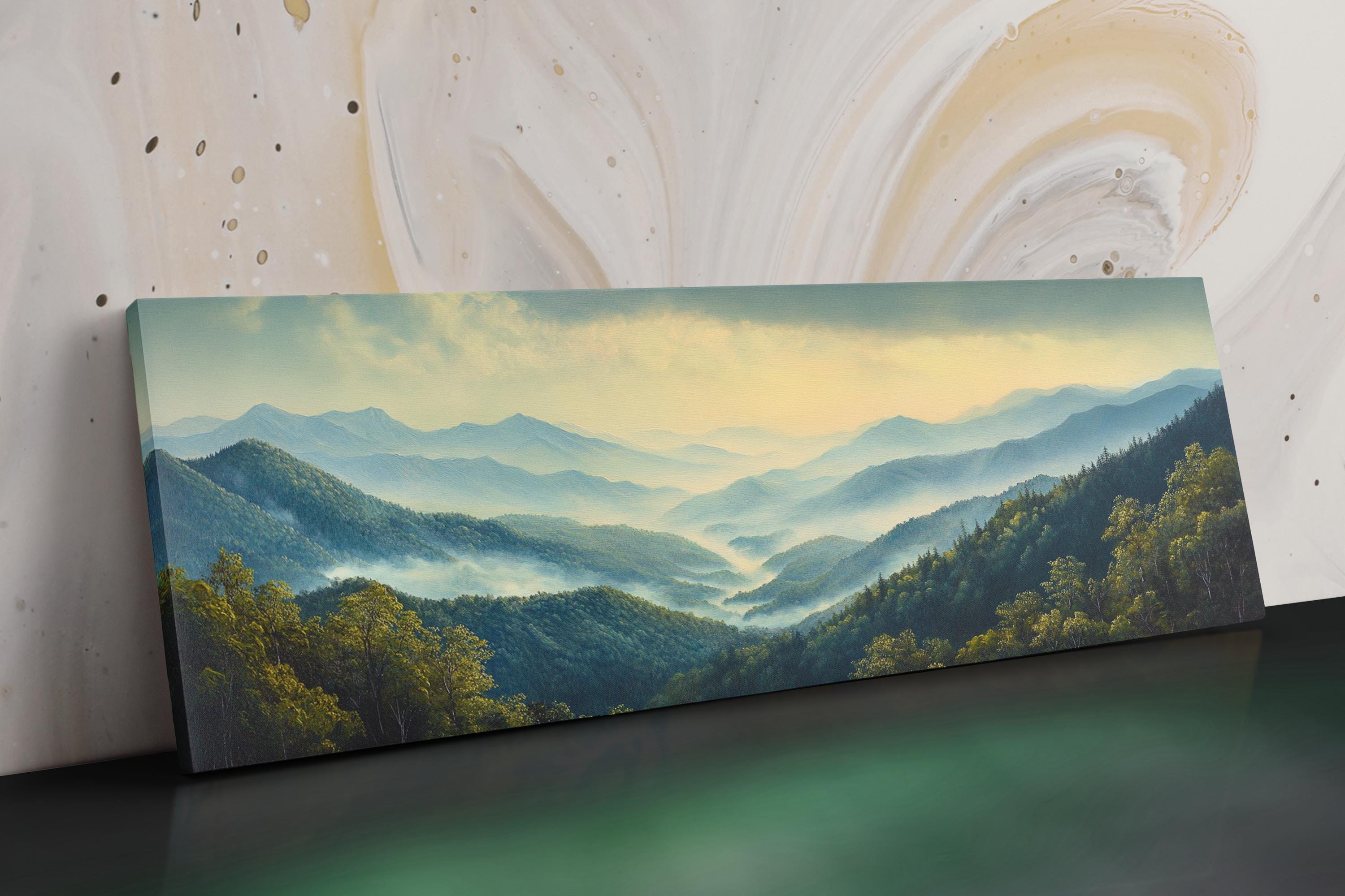 a painting of a mountain scene on a canvas