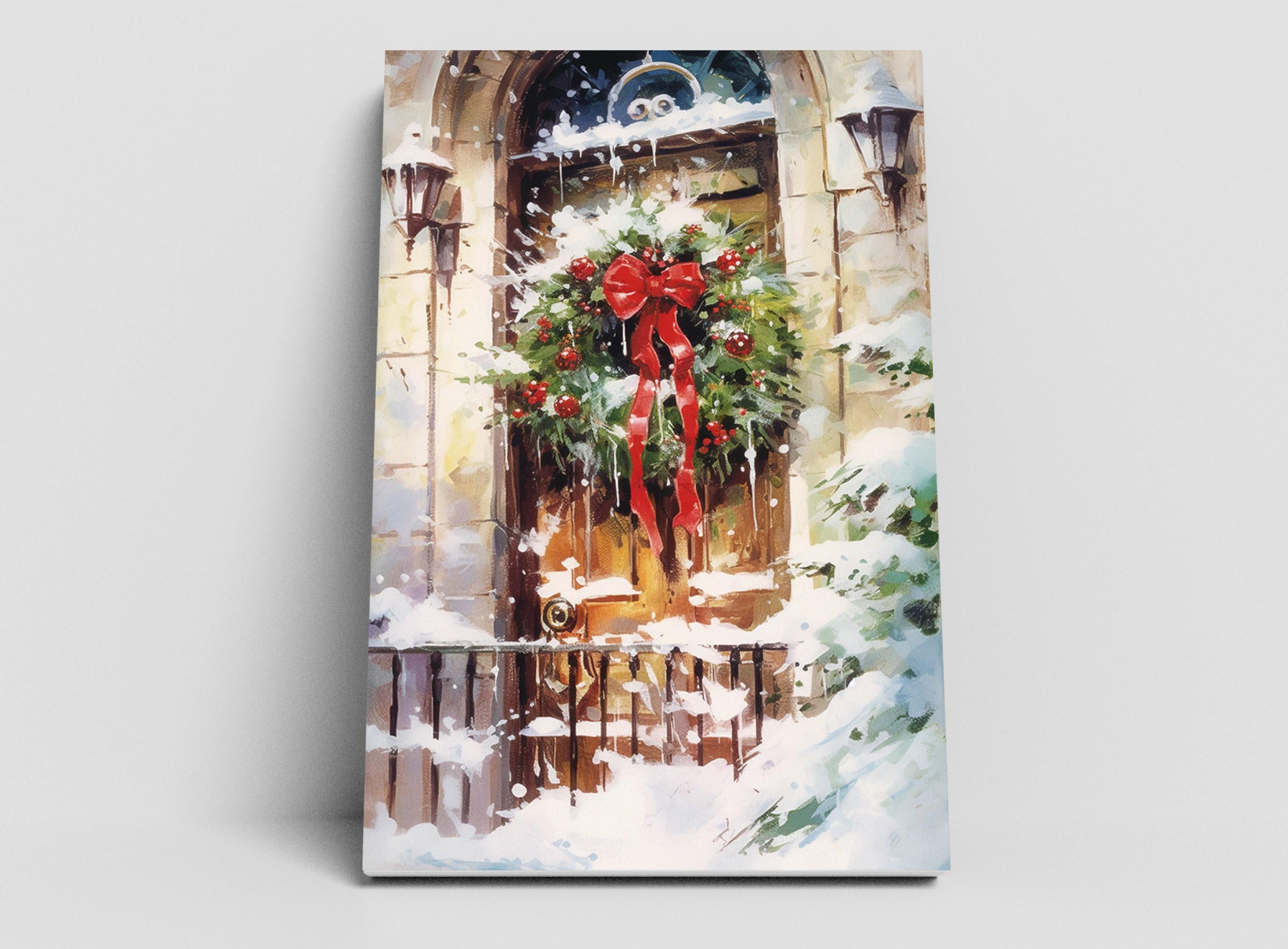 Watercolor Christmas Wreath Painting - Holiday Art, Giclee Print on Canvas, Artist Paper, Watercolor Paper, Available in Extra Large Sizes