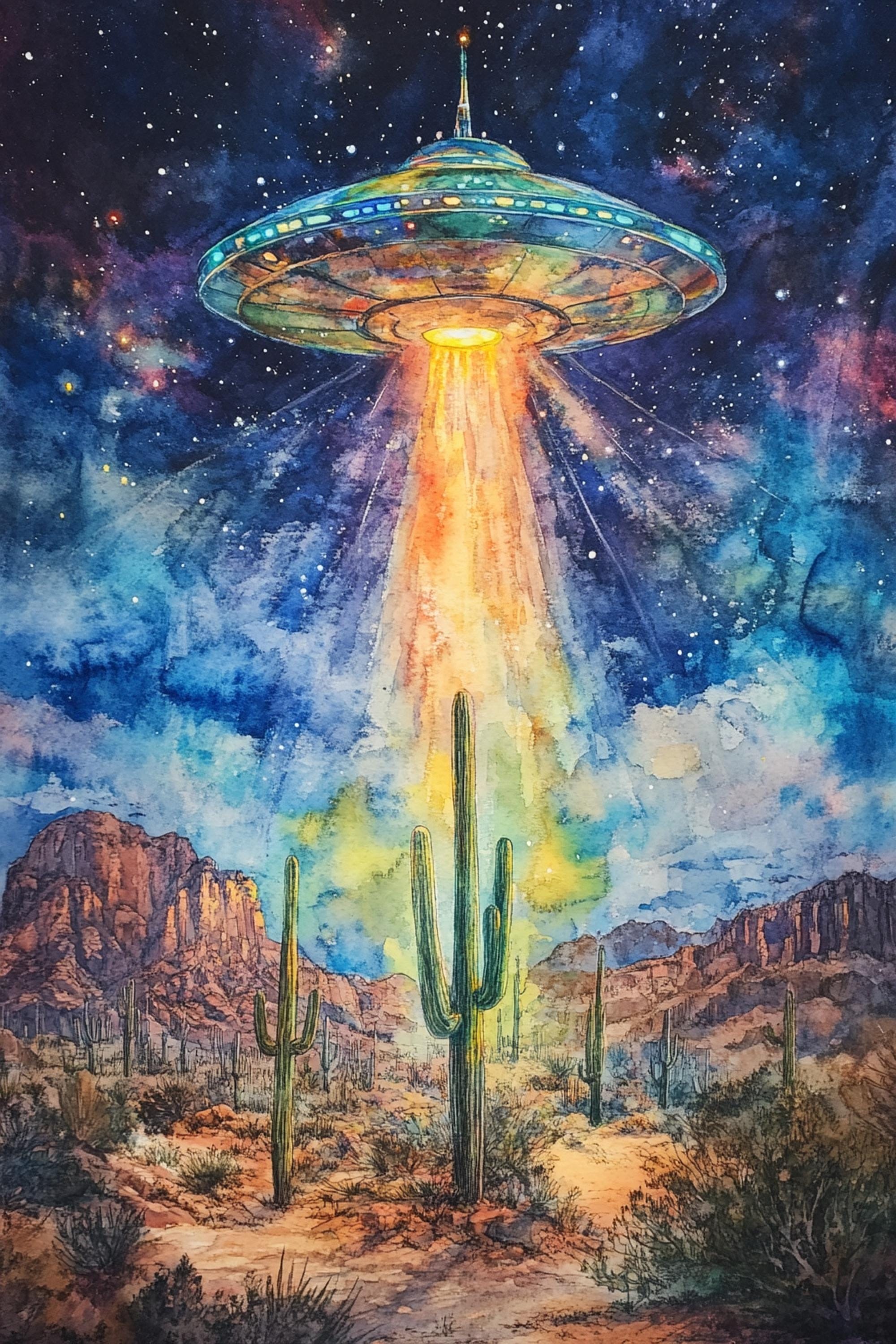 A colorful, surrealistic painting depicting a large, glowing green alien spacecraft hovering over a desert landscape with cacti and mountains in the background, under a starry night sky.