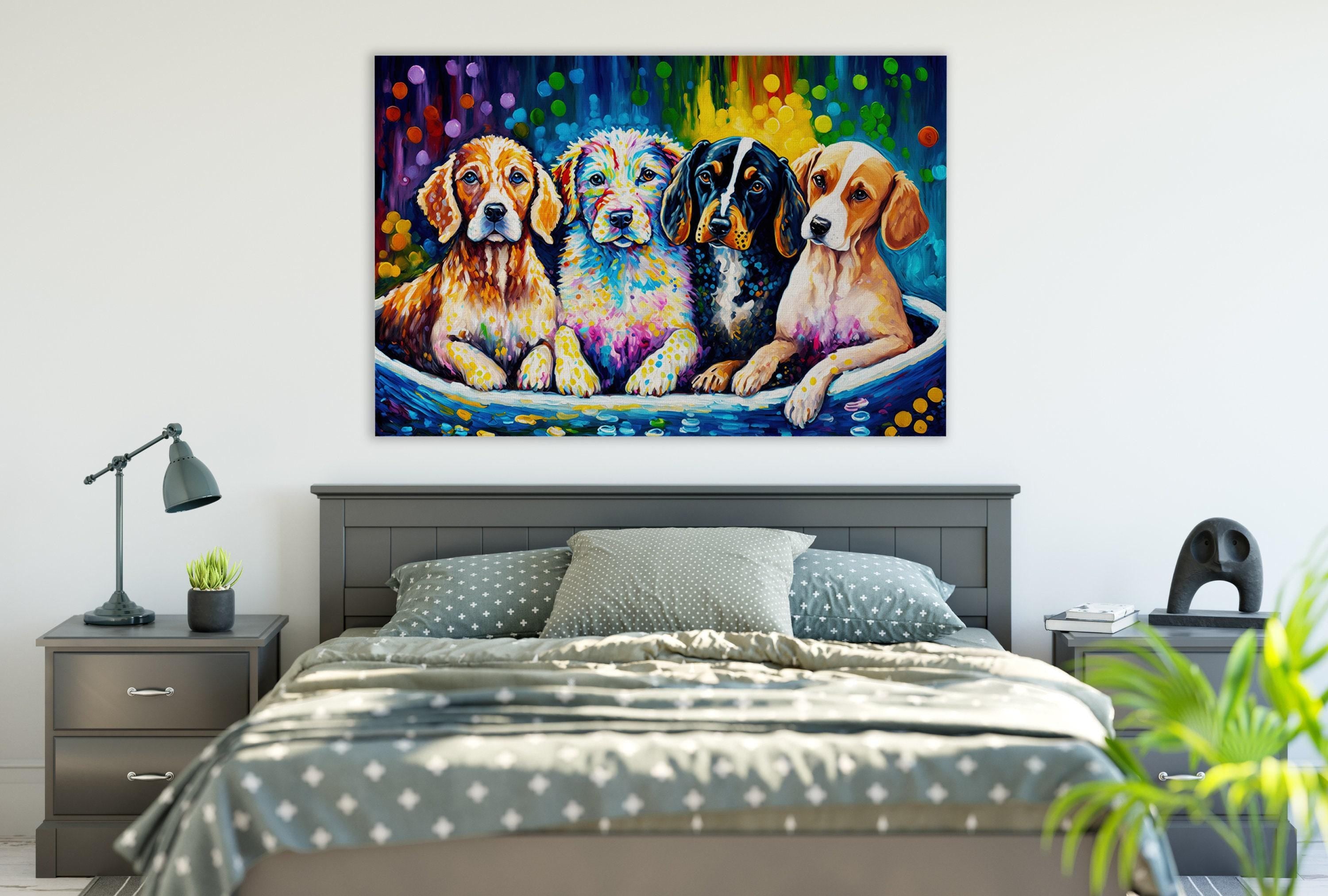 Dog Bath Art – Vibrant Colorful Dog Wall Art Canvas | Playful Pet Decor