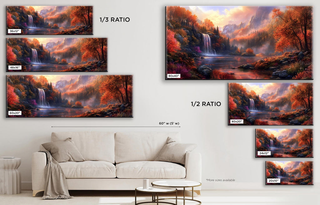 a living room with a white couch and paintings on the wall