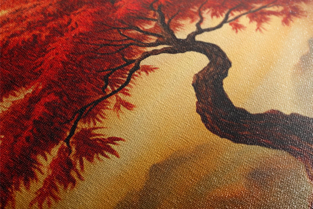 a painting of a tree with red leaves