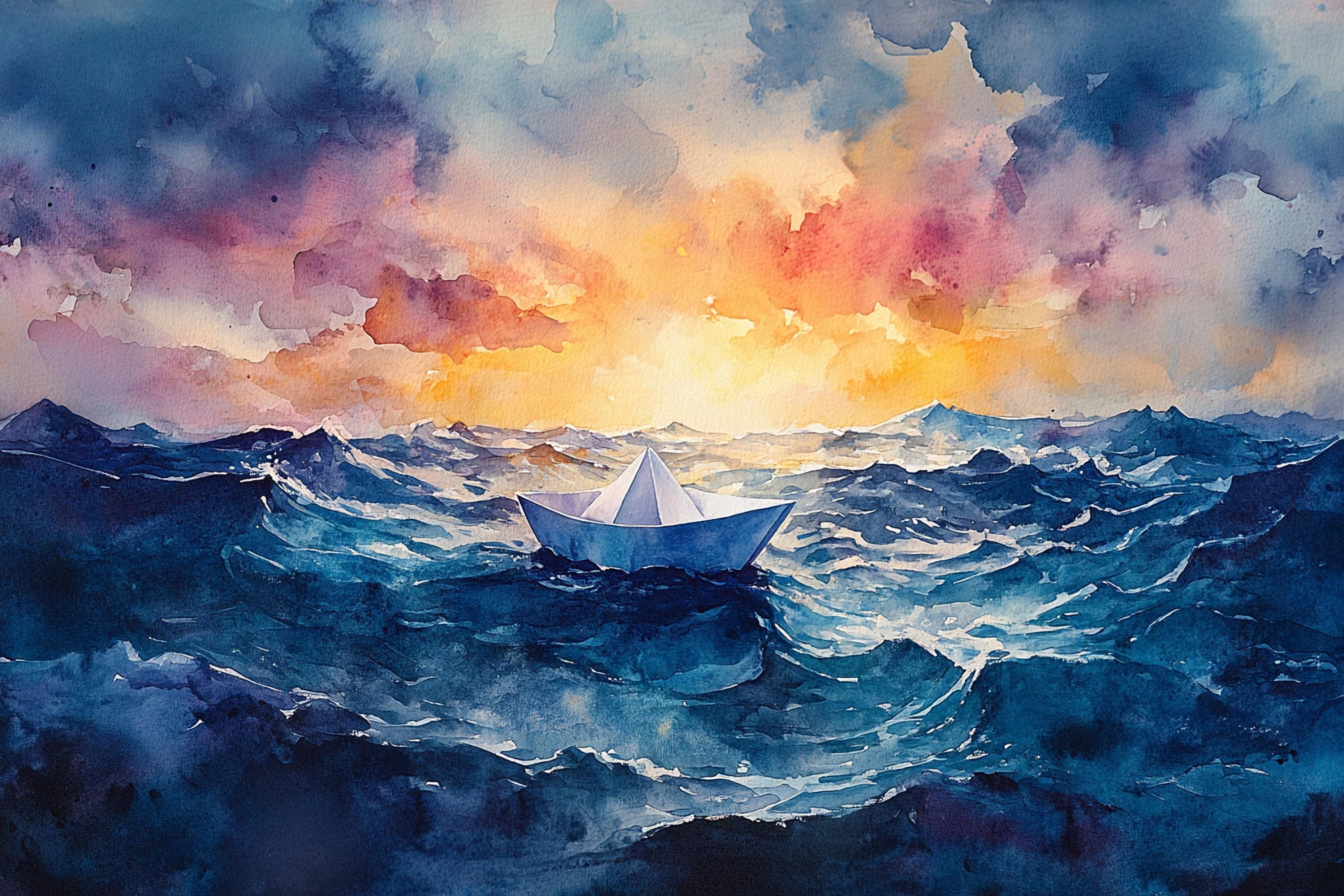 A watercolor painting depicting a small white boat sailing on a stormy sea, with a dramatic sky filled with clouds and a bright sun peeking through.