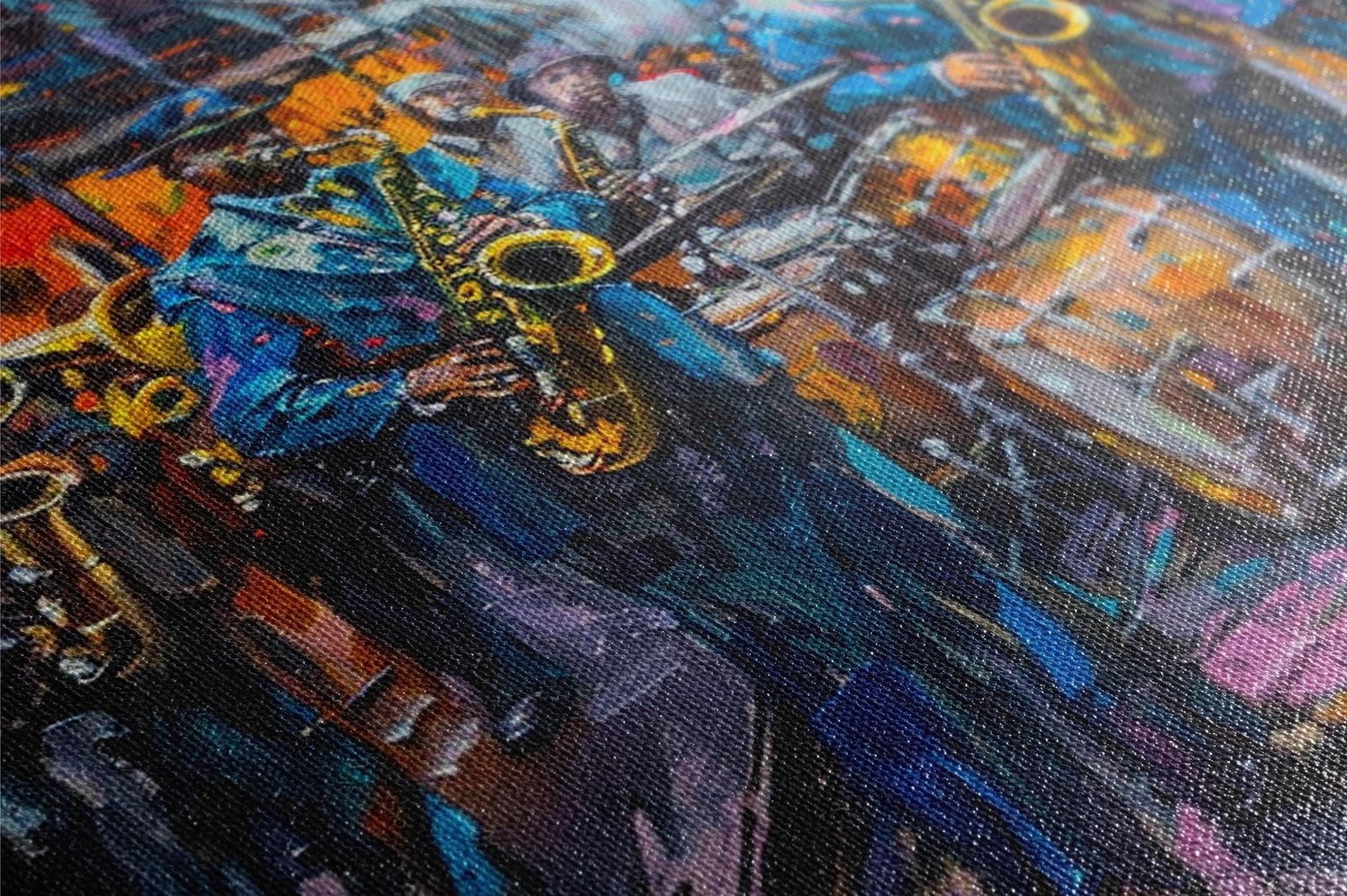 The image is a vibrant and colorful painting depicting a lively scene with a group of people playing musical instruments, including a saxophone player.