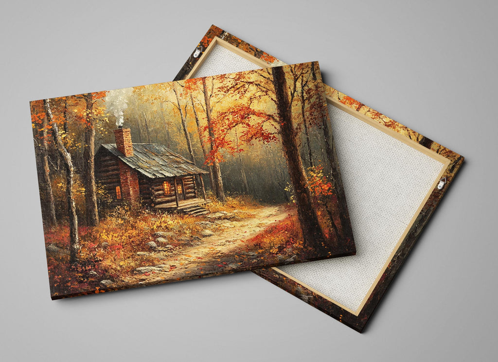 a rustic cabin nestled in a forest, surrounded by vibrant autumn foliage.