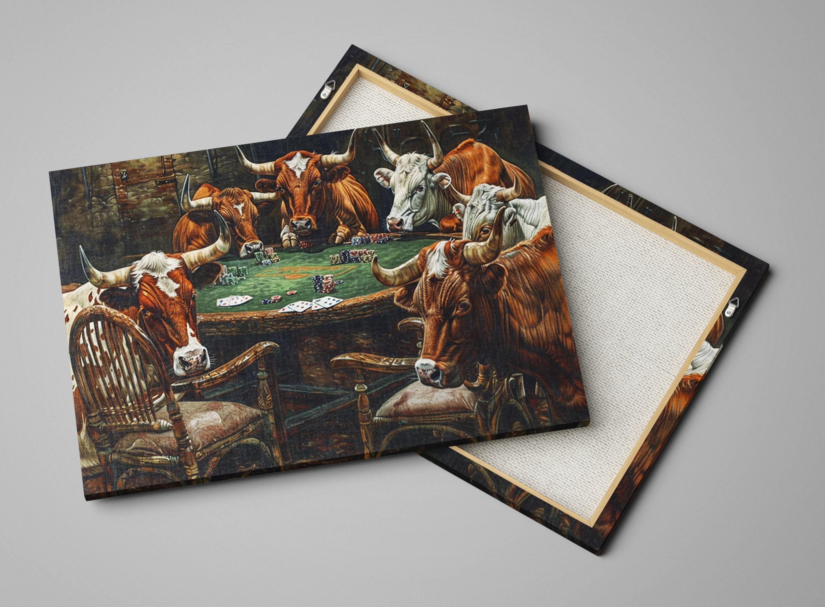 a group of cows gathered around a table, playing a game of poker.