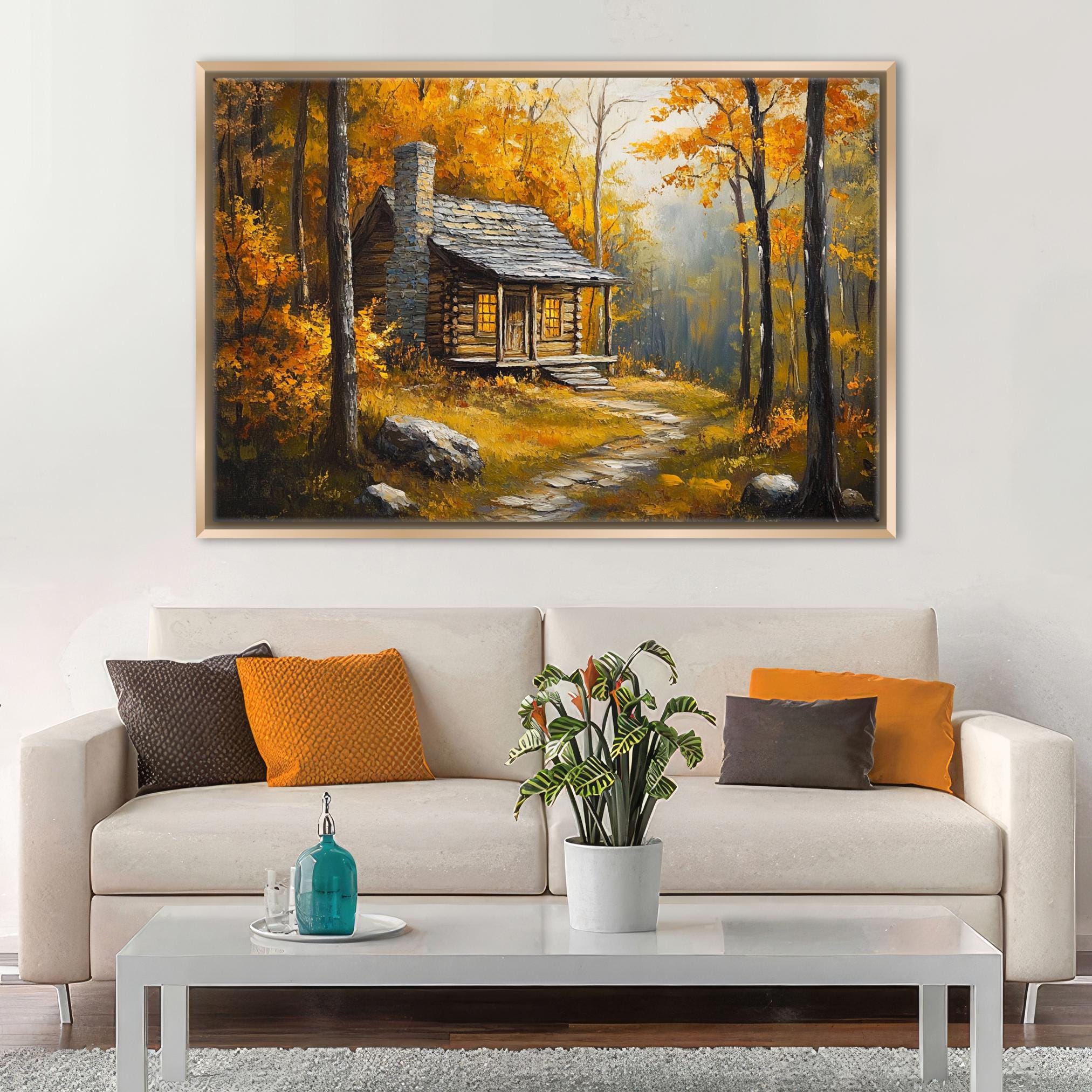 a cozy cabin nestled in a forest, surrounded by vibrant autumn foliage.