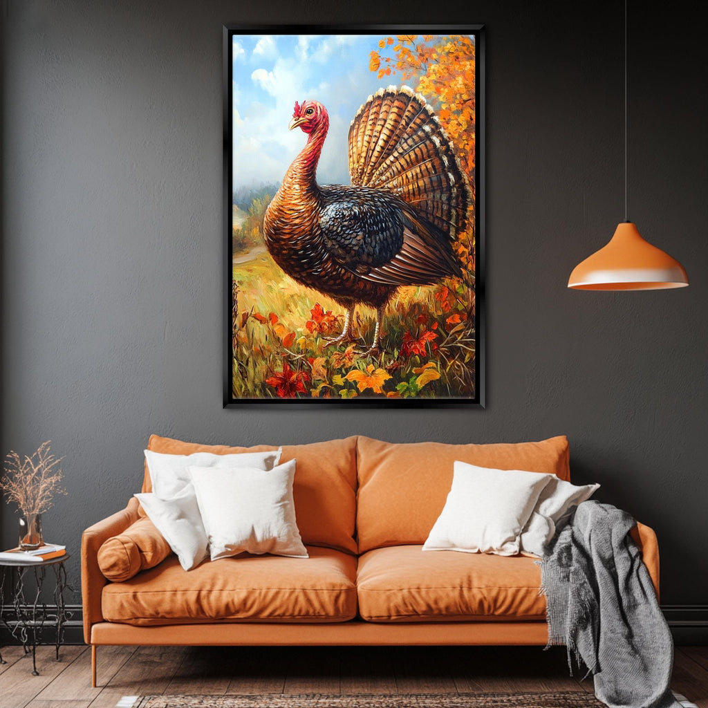 a large, vibrant painting of a turkey standing in a field with autumn foliage, hanging on a wall above a cozy living room setting with a couch and a lamp.