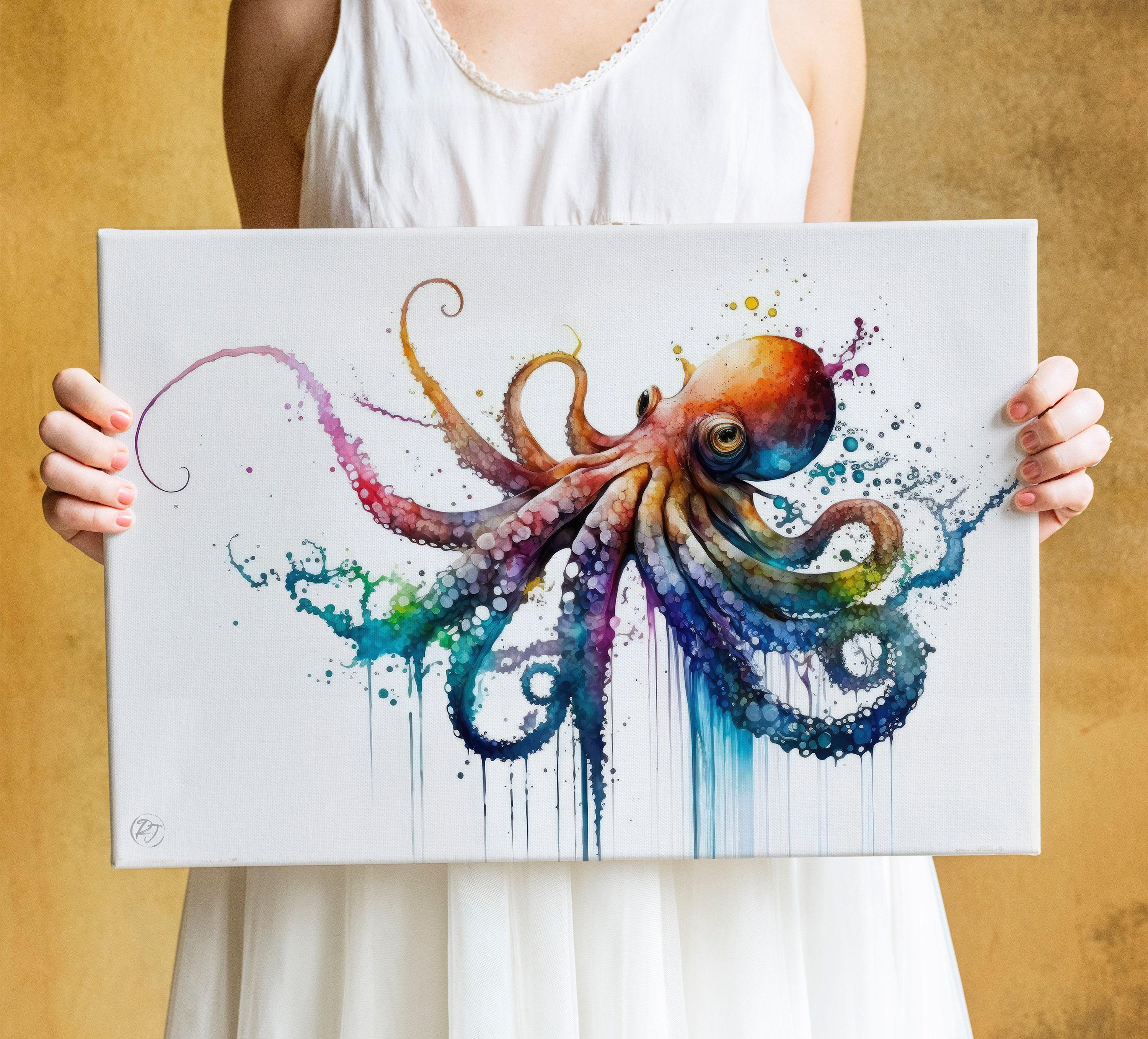 A person is holding a canvas with a colorful, abstract painting of an octopus.