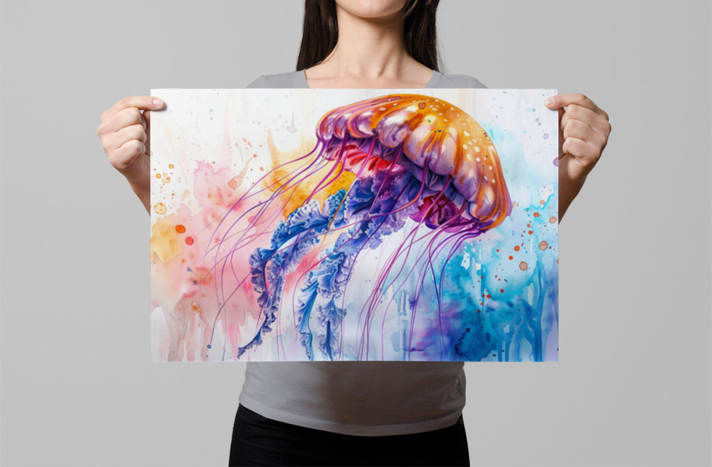 Vibrant Floating Jellyfish Watercolor, Coastal Art, Giclee Print on Canvas, Artist Paper, Watercolor Paper, Available in Extra Large Sizes
