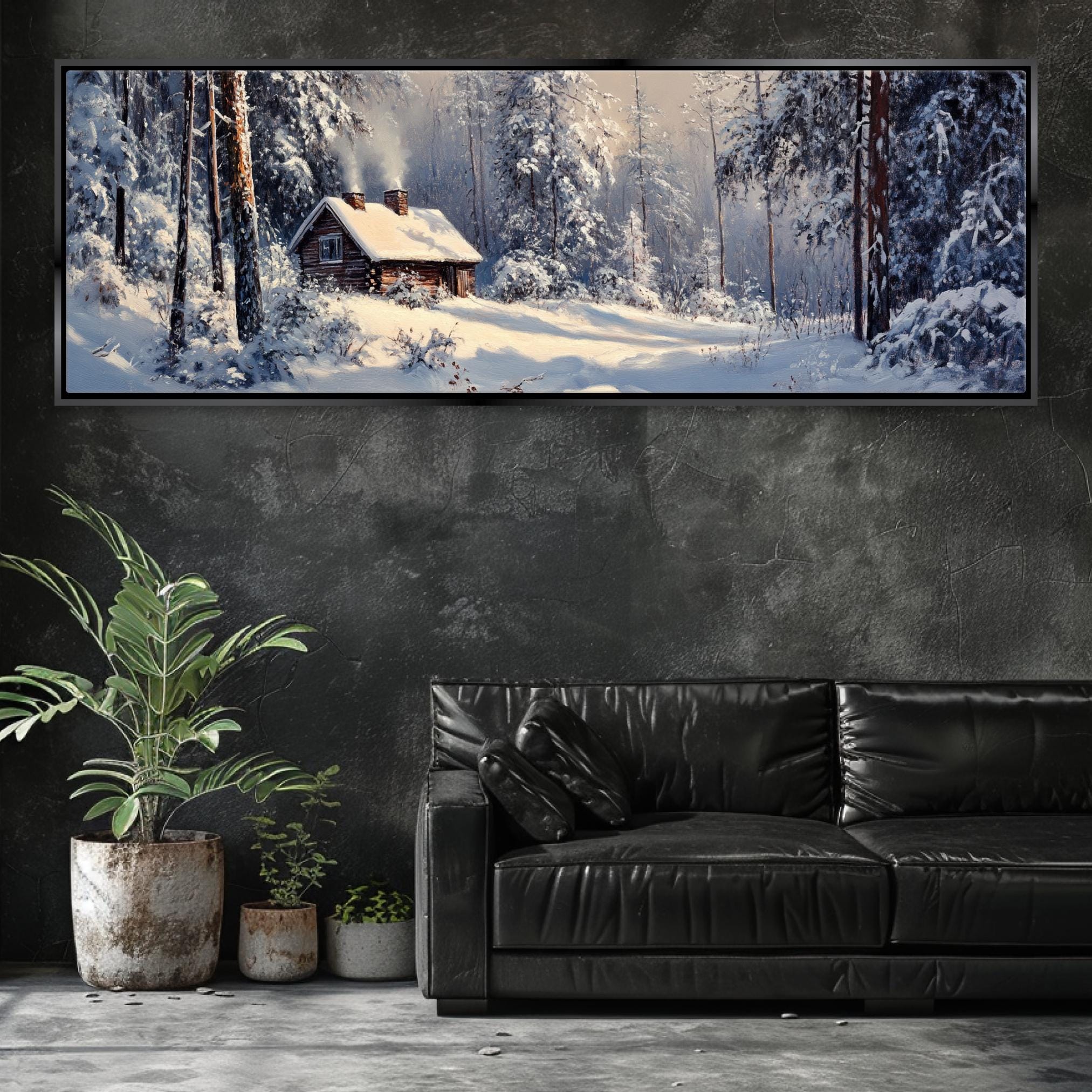 a living room with a couch and a painting on the wall