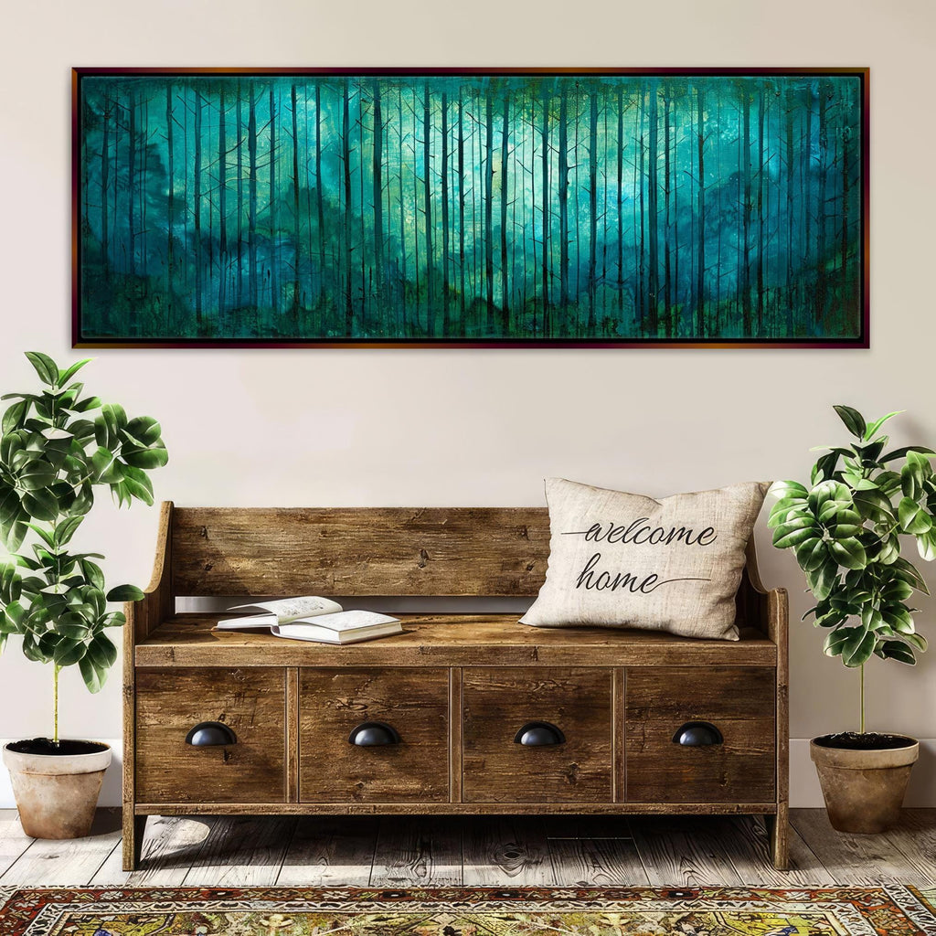 a painting on a wall above a wooden bench