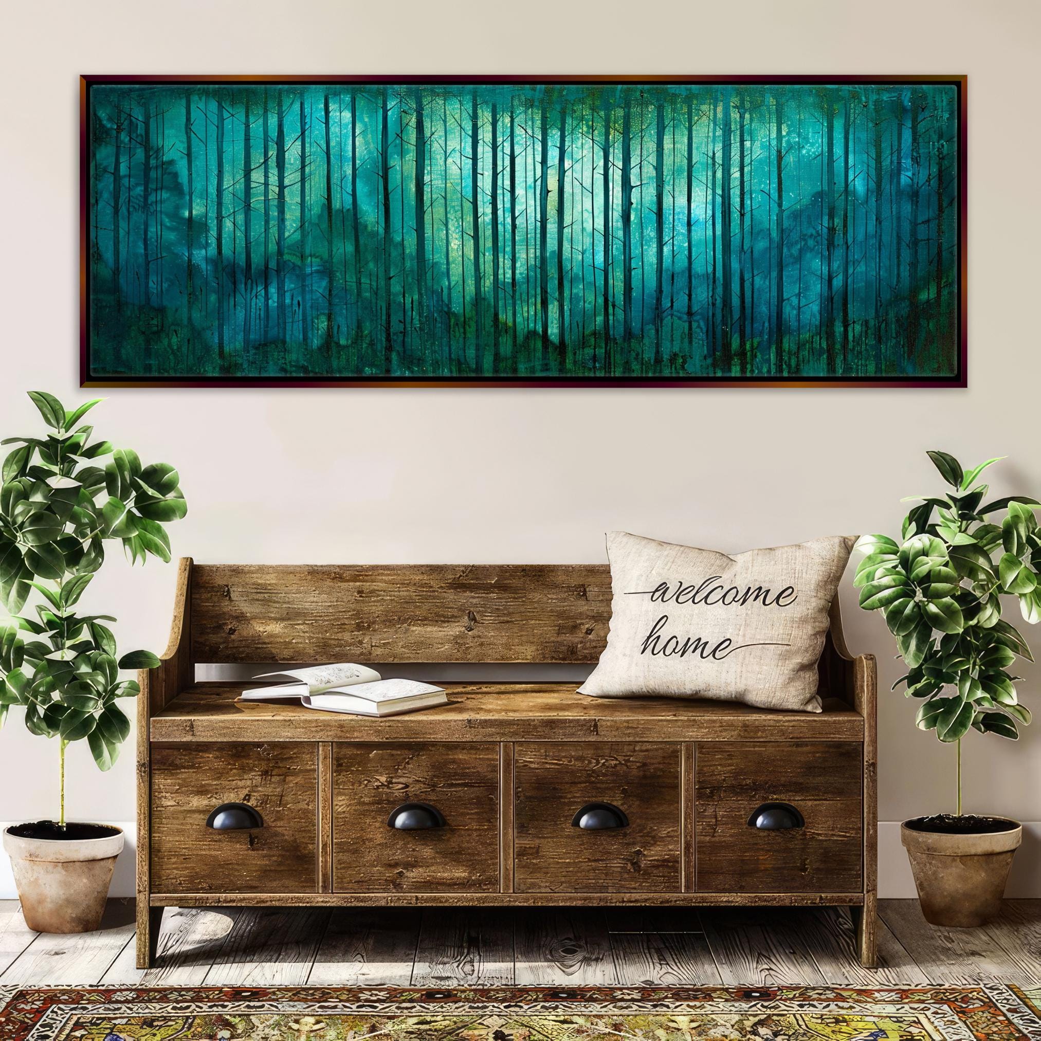 a painting on a wall above a wooden bench