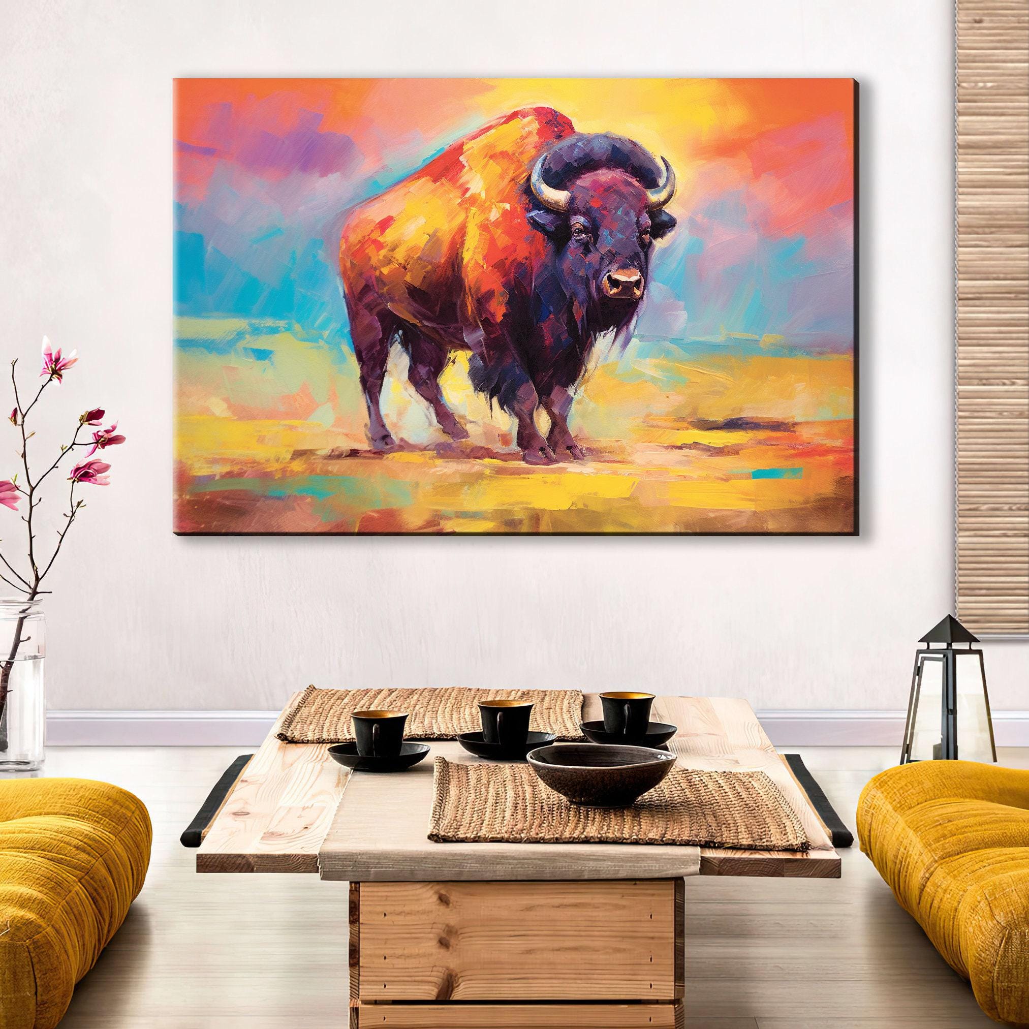 Buffalo Canvas Print | Colorful Bison Painting on Extra Large Gallery Wrapped Canvas