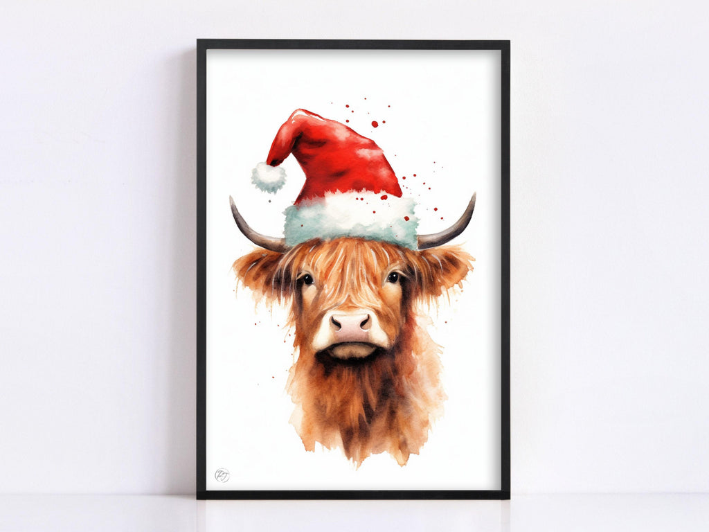 Cute Baby Highland Cow in Santa Hat Watercolor Art, Giclee Print on Canvas, Artist Paper, Watercolor Paper, Available in Extra Large Sizes