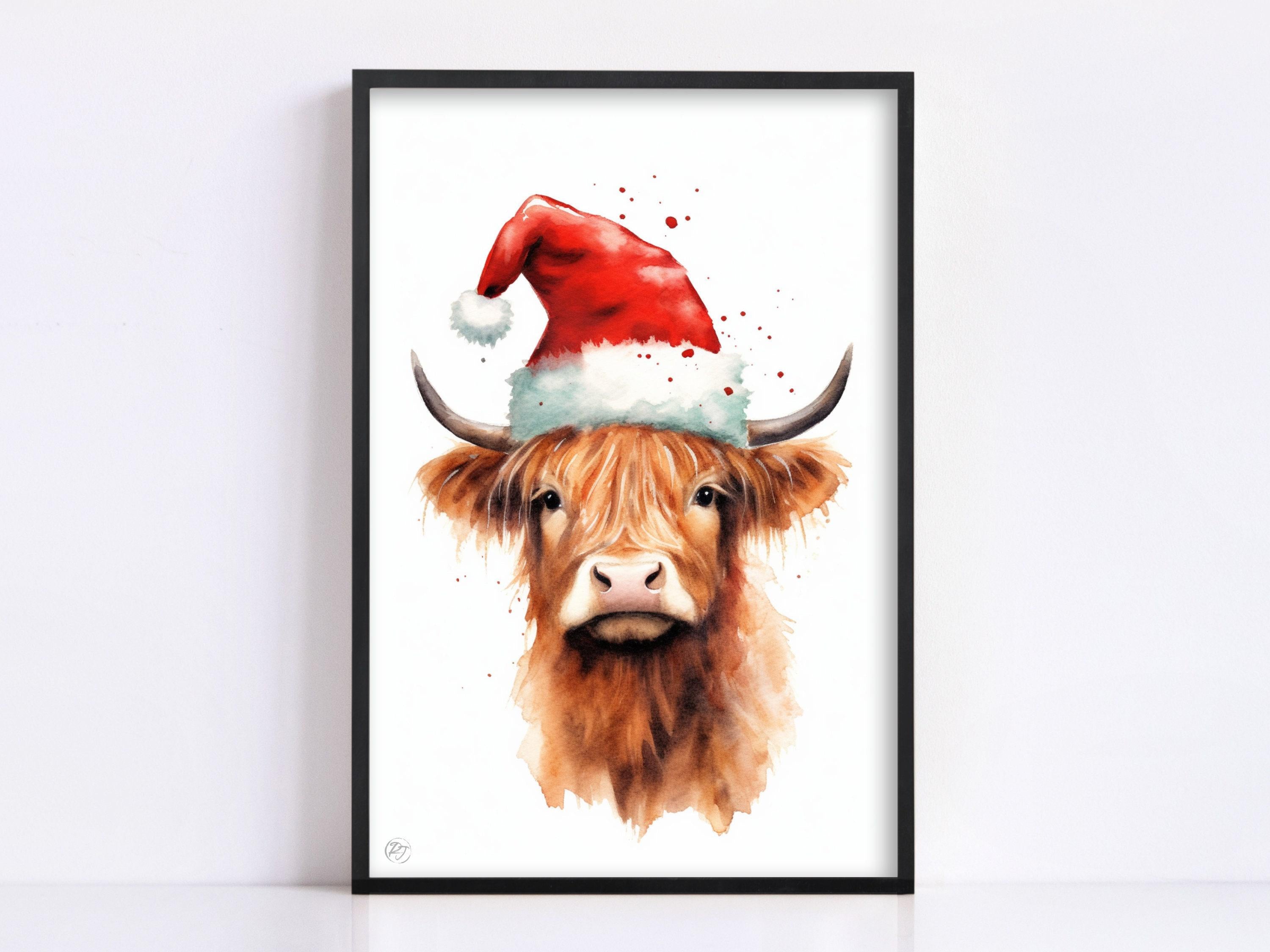 Cute Baby Highland Cow in Santa Hat Watercolor Art, Giclee Print on Canvas, Artist Paper, Watercolor Paper, Available in Extra Large Sizes