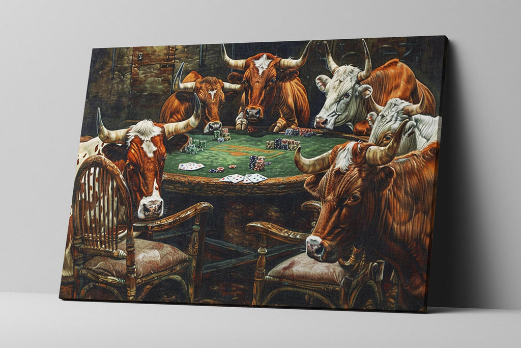 a group of cows gathered around a table, playing a game of poker.