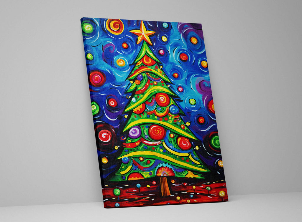 Christmas Tree Wall Art – Colorful Xmas Tree Painting on Gallery Wrapped Canvas, Large Sizes