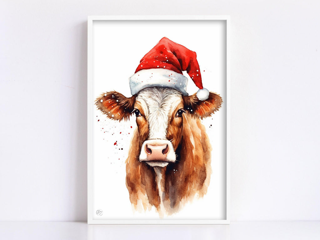 Christmas Cow Watercolor Holiday Wall Art, Giclee Print on Canvas, Artist Paper, Watercolor Paper, Available in Extra Large Sizes