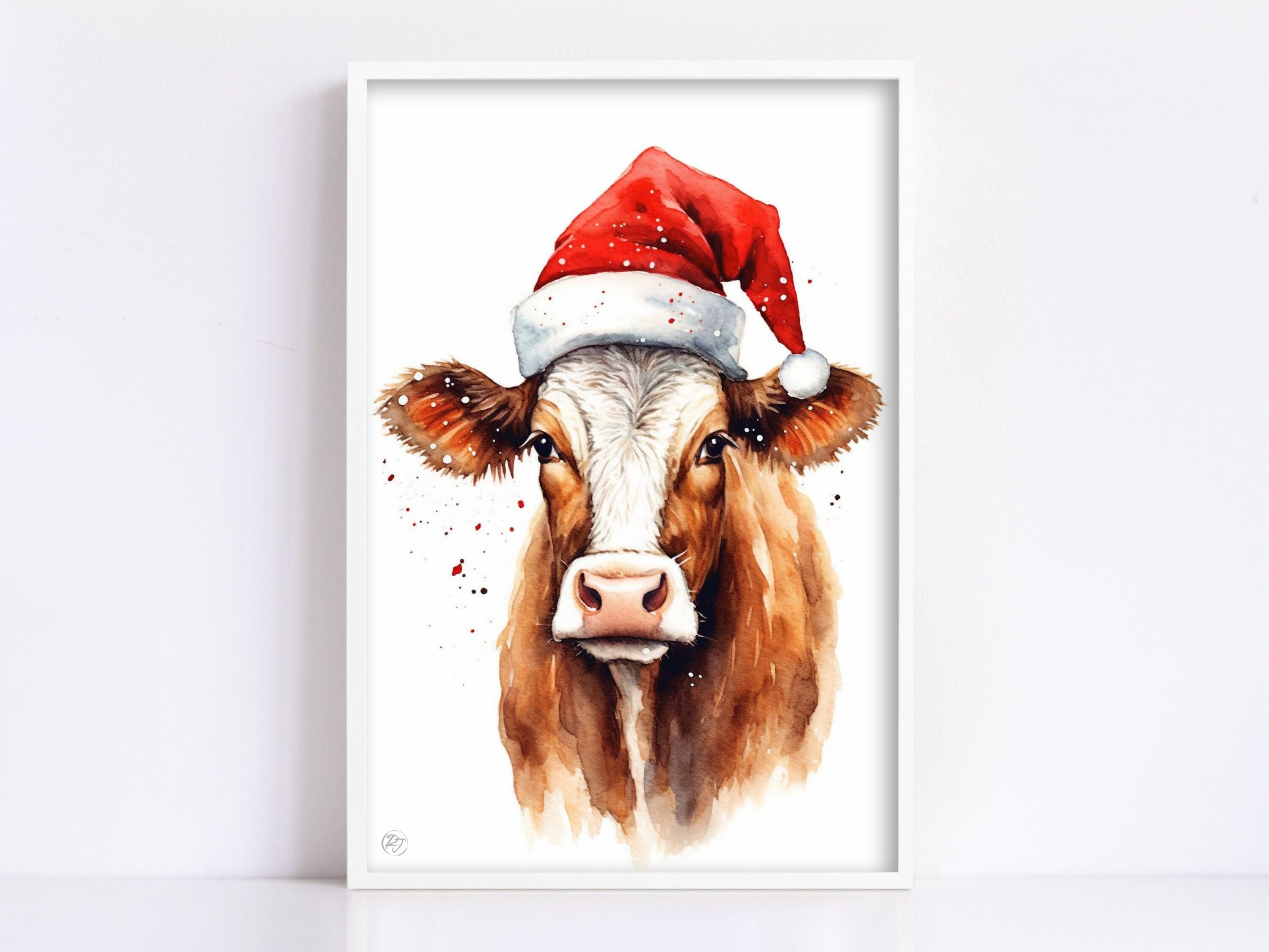 Christmas Cow Watercolor Holiday Wall Art, Giclee Print on Canvas, Artist Paper, Watercolor Paper, Available in Extra Large Sizes