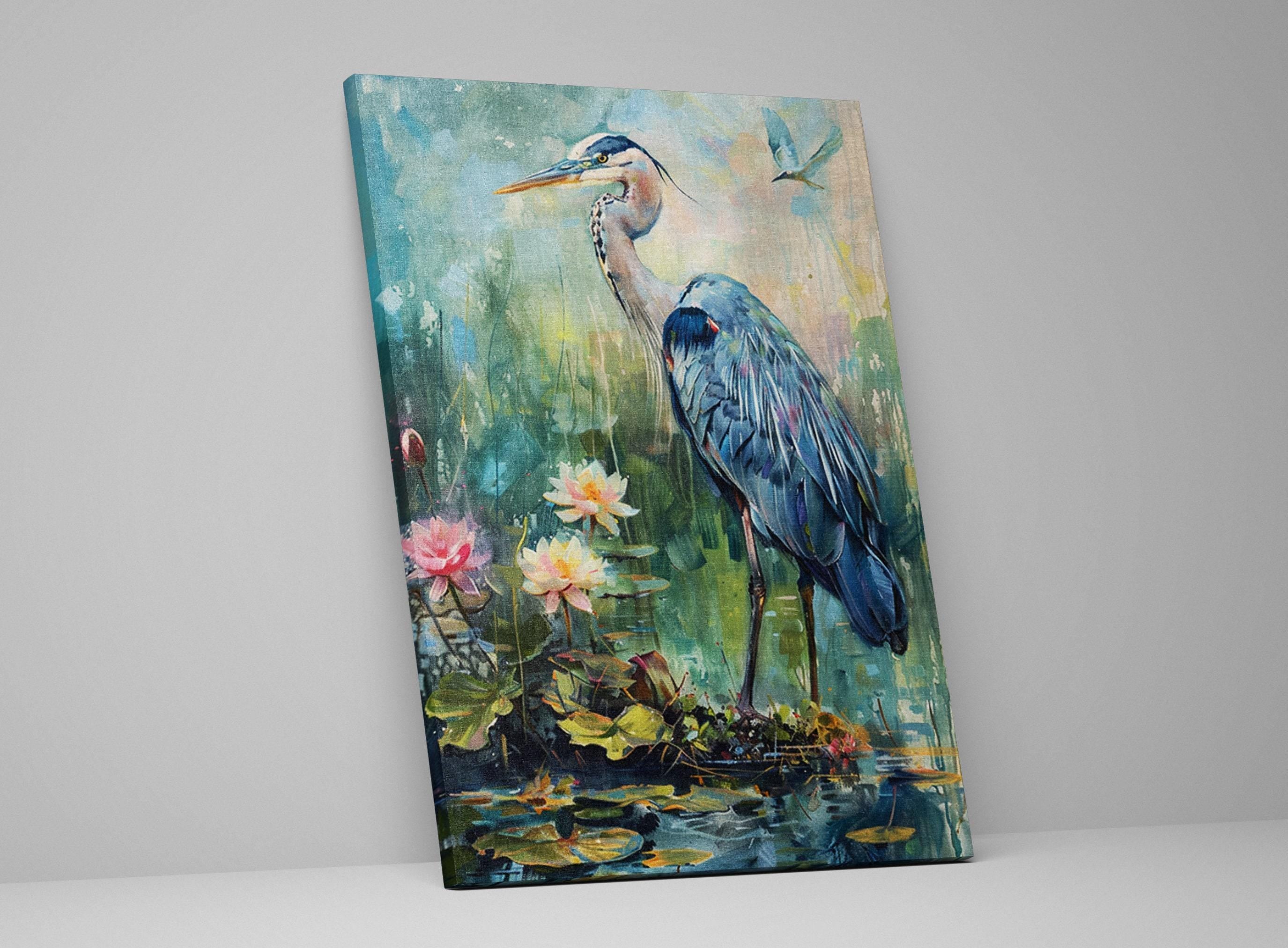 Blue Heron Wall Art – Large Coastal Canvas Art | Wetland Sanctuary Print on Gallery Wrapped Canvas