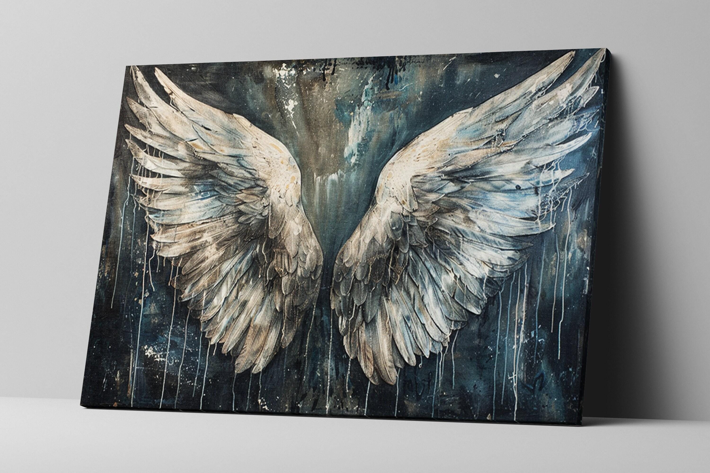 a pair of angelic wings spread wide, with a dark background that creates a dramatic and ethereal atmosphere.