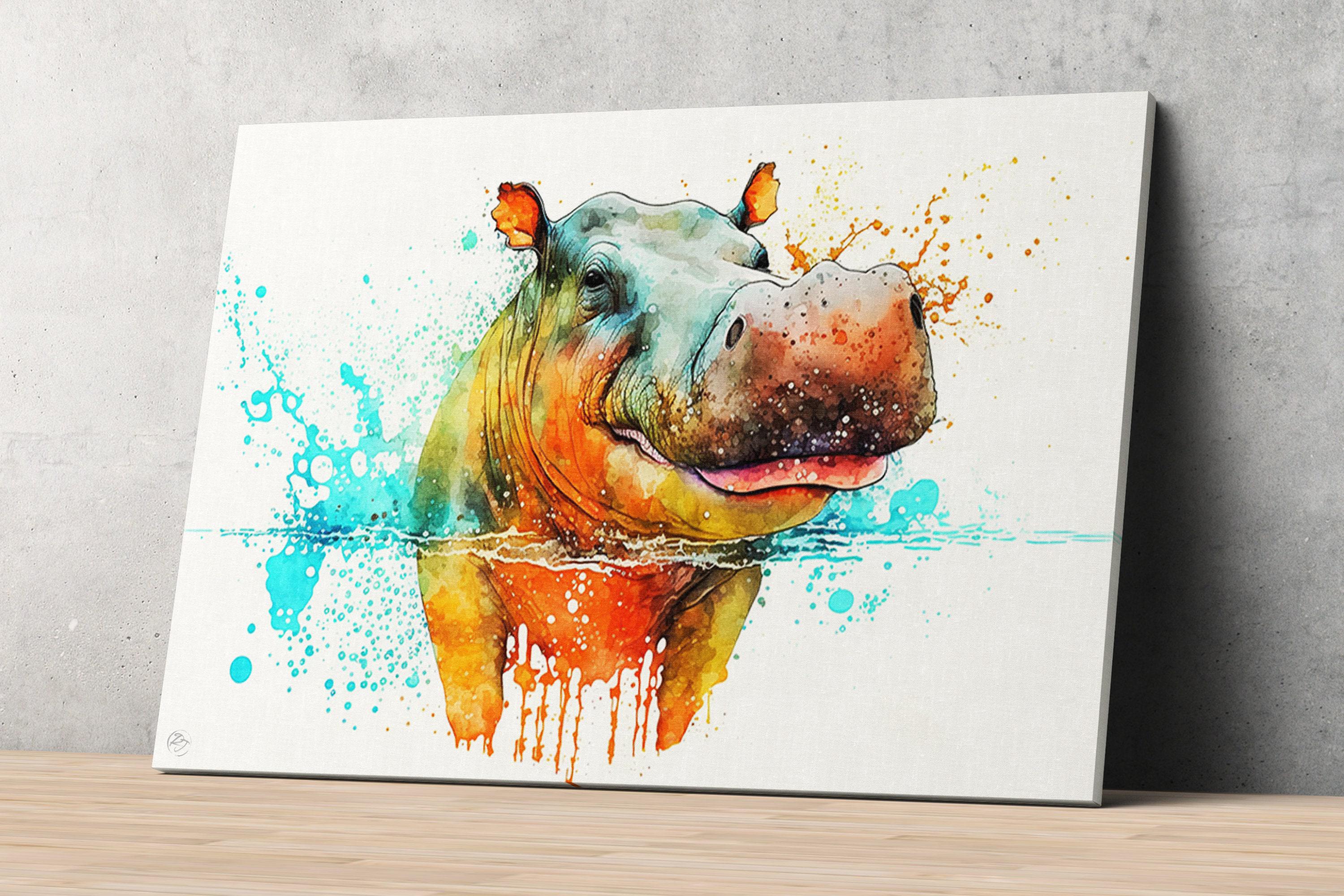 Hippopotamus Portrait: Watercolor Hippo Wall Decor, Giclee Print on Canvas, Artist Paper, Watercolor Paper, Available in Extra Large Sizes