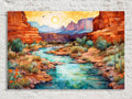 a serene landscape featuring a winding river surrounded by towering red rock formations, with a bright sun in the sky.