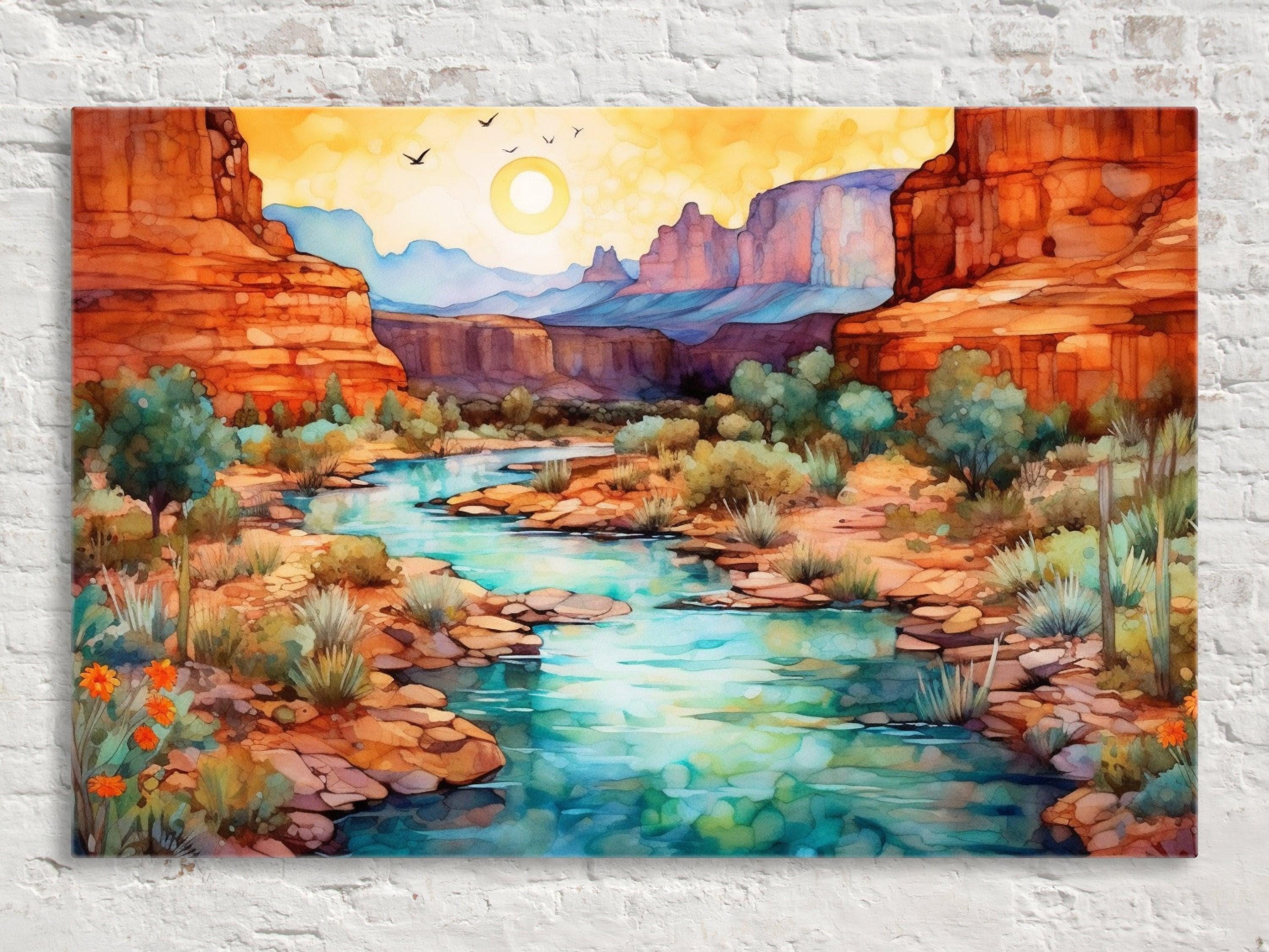 a serene landscape featuring a winding river surrounded by towering red rock formations, with a bright sun in the sky.