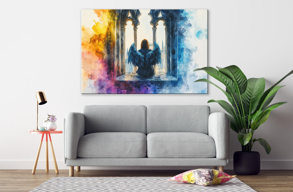 a gray sofa, a potted plant, a lamp, and a painting of a winged figure in a doorway.