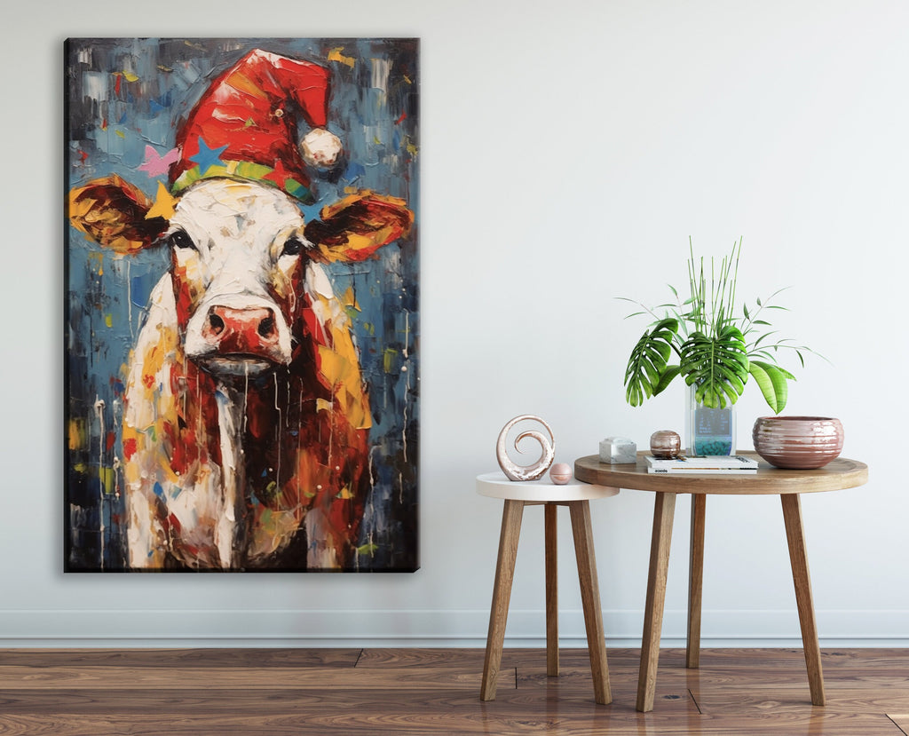Festive Cow Canvas - Whimsical Christmas Wall Art | Holiday Farm Art Print