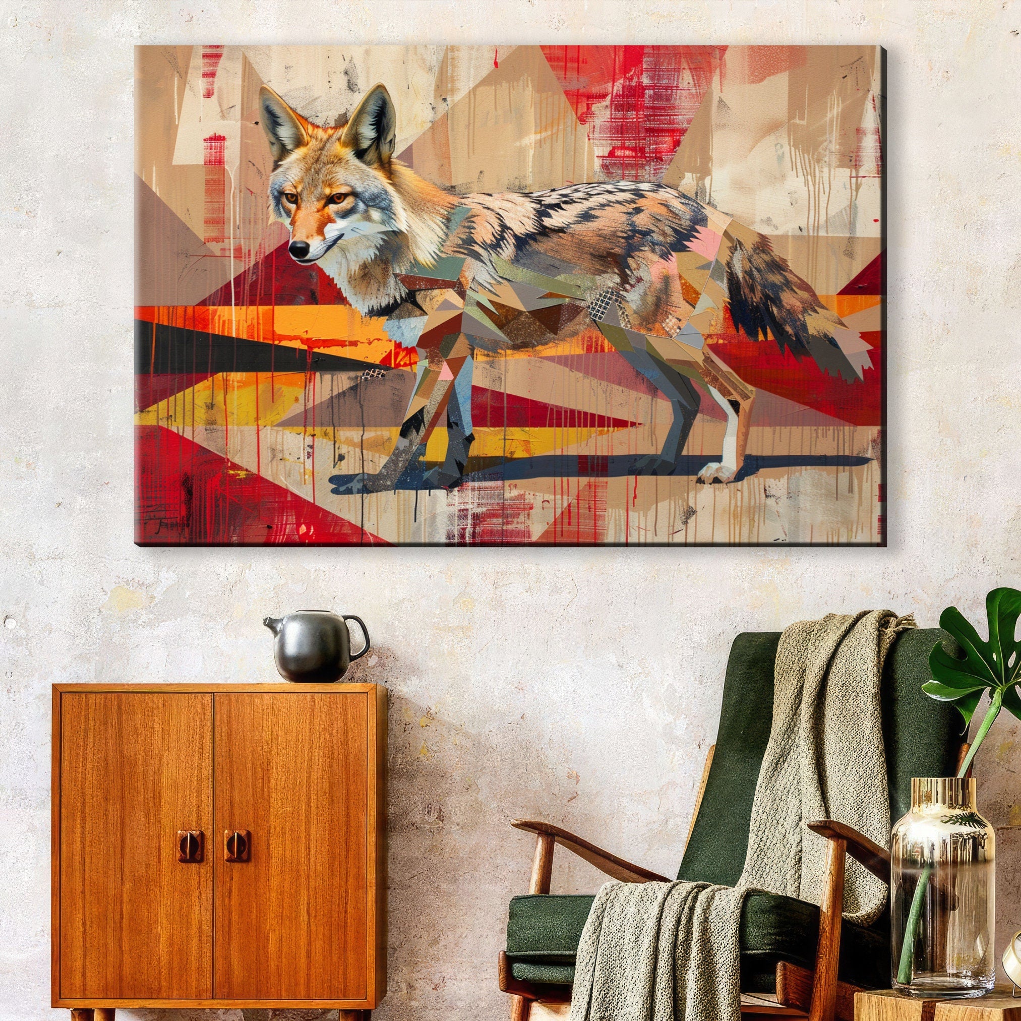 Contemporary Coyote Painting – Large Gallery Wrapped Canvas | Modern Desert Animal Art